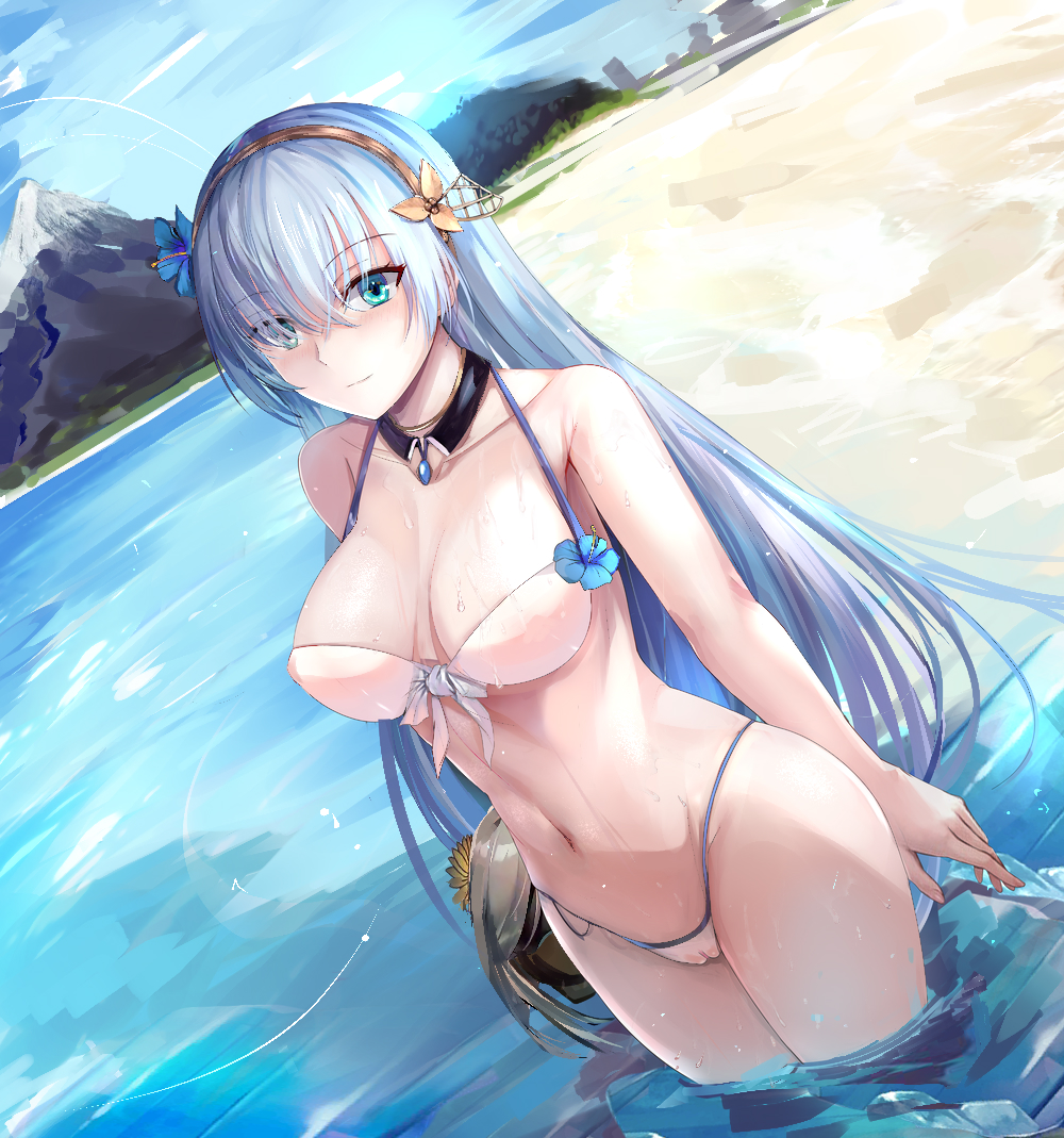 1girls, anastasia (fate), beach, bikini, breasts, cameltoe, choker, cleavage, fate (series), fate/grand order, female, halterneck, looking at viewer, misaka 12003-gou, partially submerged, pussy, solo, string bikini