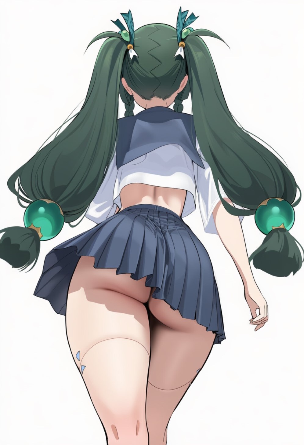 ai generated, ass, big ass, crop top, frilled skirt, from behind, green hair, hair ornament, huge ass, qingyi (zenless zone zero), short skirt, skirt, twintails, upskirt, walking, zenless zone zero