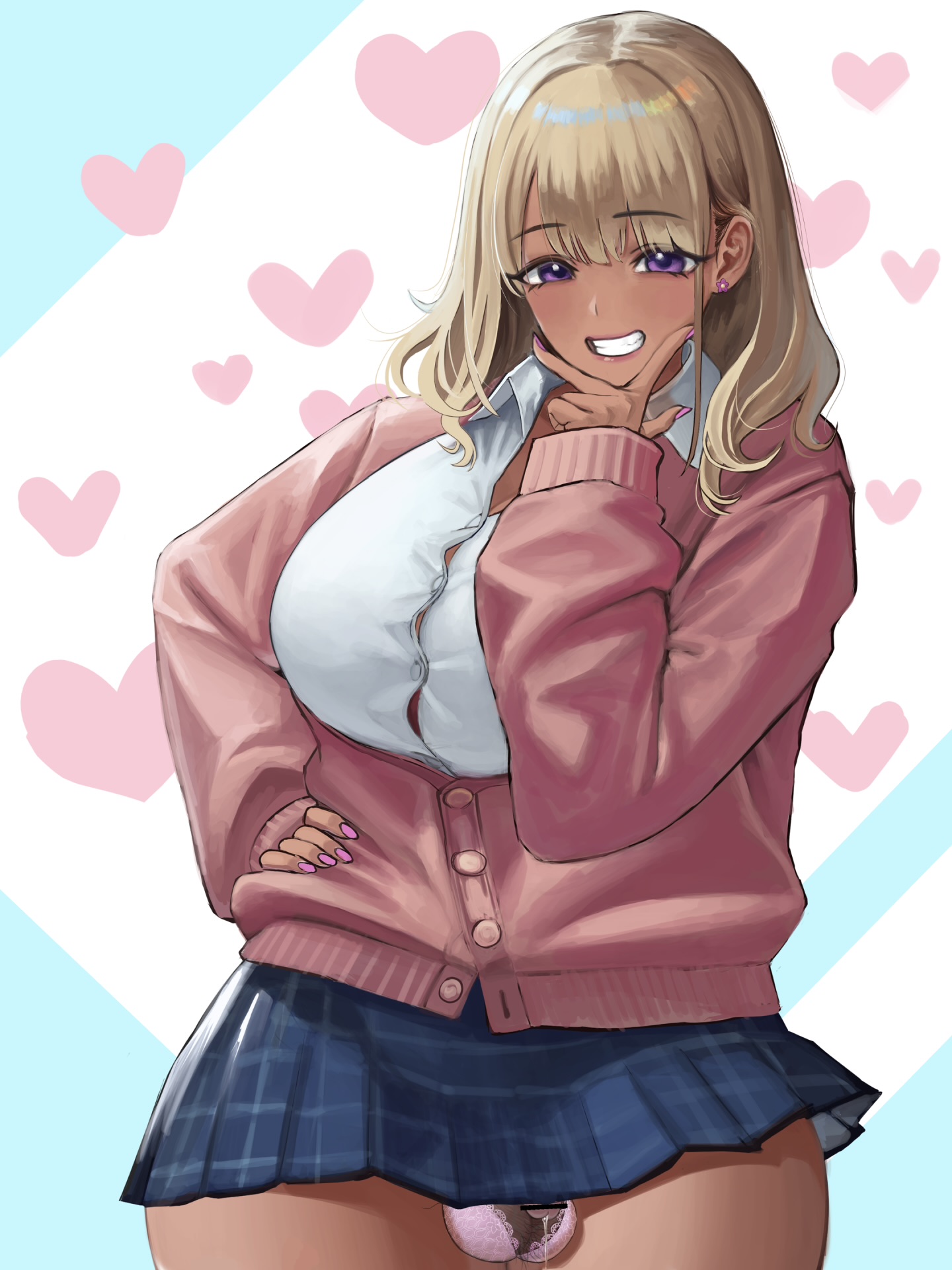 1futa, 2023, 2d, balls, balls bra, bangs, big breasts, big hips, blonde hair, blush, breasts, casual, casual exposure, casual nudity, censored, clothed, clothing, doukutsu ika, female, full color, fully clothed, futa only, futanari, gyaru, hairy balls, hips, huge breasts, human, ineffective clothing, ineffective skirt, intersex, long hair, mostly clothed, no penetration, penis, pubic hair, sagging balls, schoolgirl, skirt, small penis, smile, smiling, solo, standing, tan body, tan skin, tanned, tanned skin, testicles, thick thighs, thighs