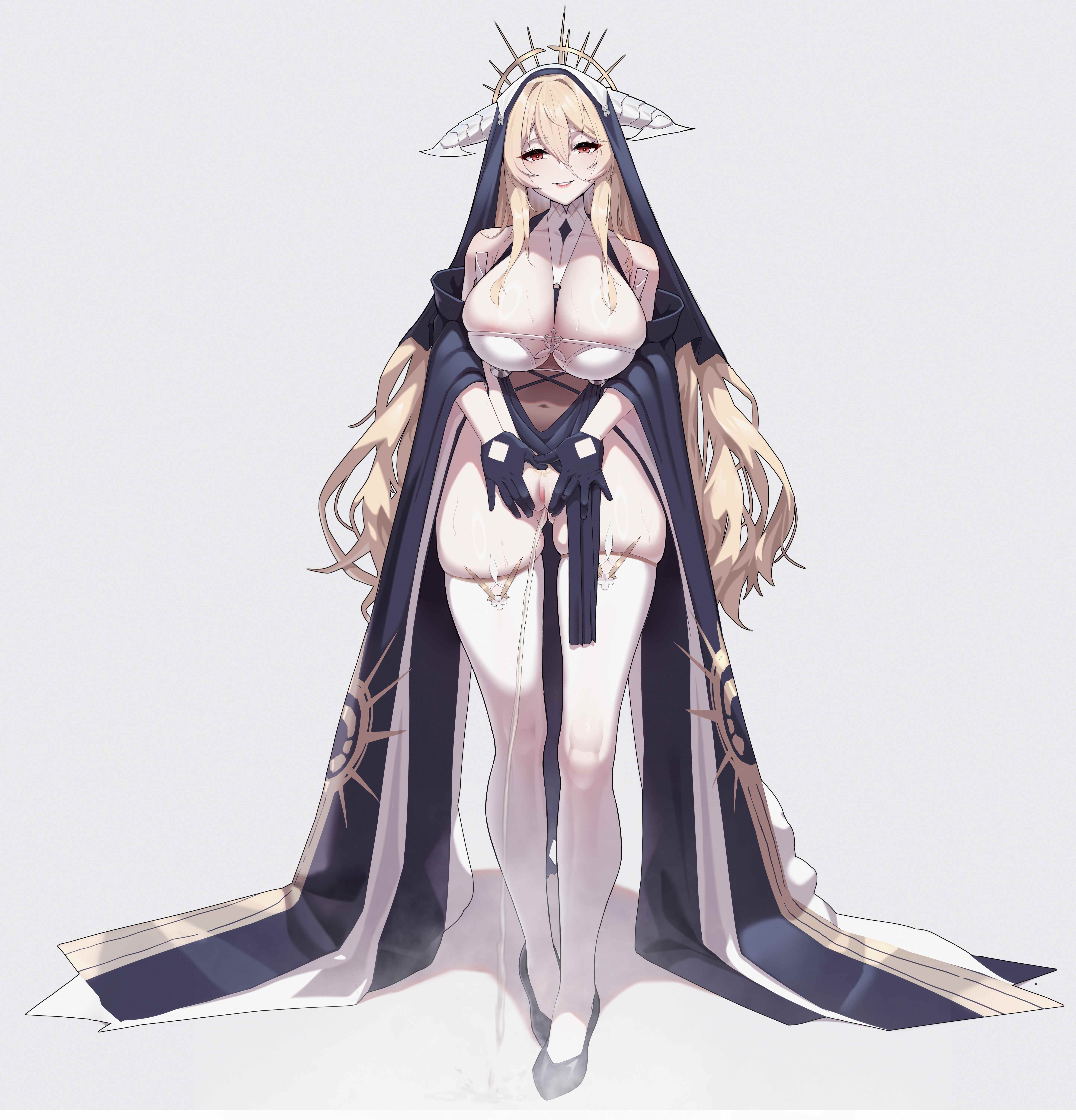 azur lane, blonde, blonde female, blonde hair, clitoral hood, female, female only, genitals, gloves, implacable (azur lane), long hair, looking at viewer, manzai sugar, no underwear, peeing, pussy, pussy juice, royal navy (azur lane), shoes, smile, smiling, solo, solo female, solo focus, standing, standing pee, straight hair, thigh highs, thighhighs, thighs, urination, urine, urine stream