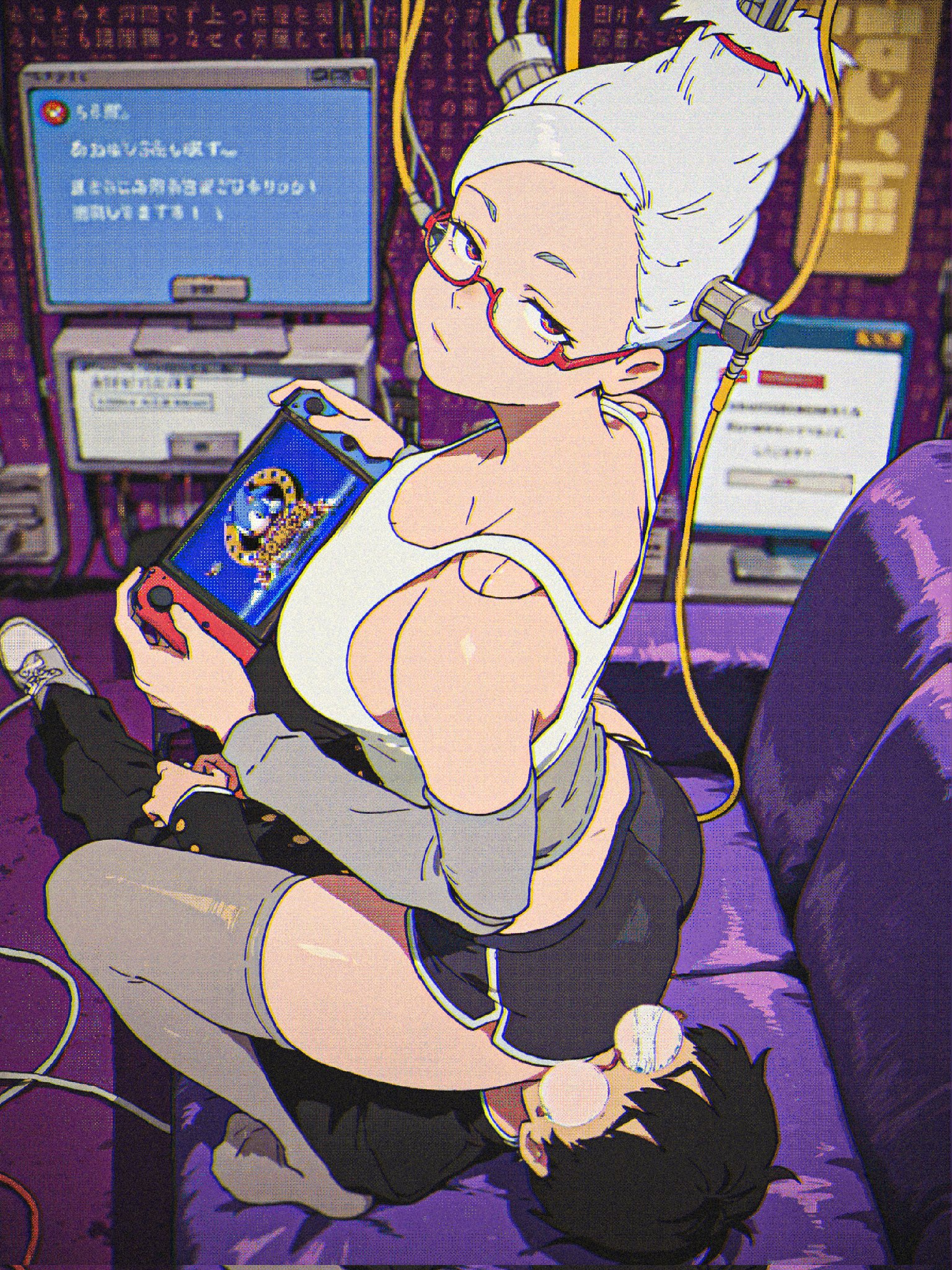 1boy, 1boy1girl, 1girls, absurd res, absurd resolution, absurdres, age difference, ass, ayase seiko, beehive hairdo, big breasts, black shorts, breasts, busty, console, couch, curvaceous, curvy, curvy female, curvy figure, dandadan, detailed background, face in ass, facesitting, female, gilf, glasses, half rim glasses, half-closed eyes, hi res, high resolution, highres, large breasts, light skin, light-skinned female, light-skinned male, male, male/female, mature, mature female, milf, narrowed eyes, nintendo, nintendo switch, playing games, playing videogame, red eyes, sega, shorts, sonic (series), sonic 3, sonic the hedgehog (series), sonic the hedgehog 3, straight, tagme, takakura ken (okarun), tank top, thick thighs, thighhigh socks, thighhighs, thighs, tied hair, video games, voluptuous, voluptuous female, white hair, white shirt, white tank top, xenotrip
