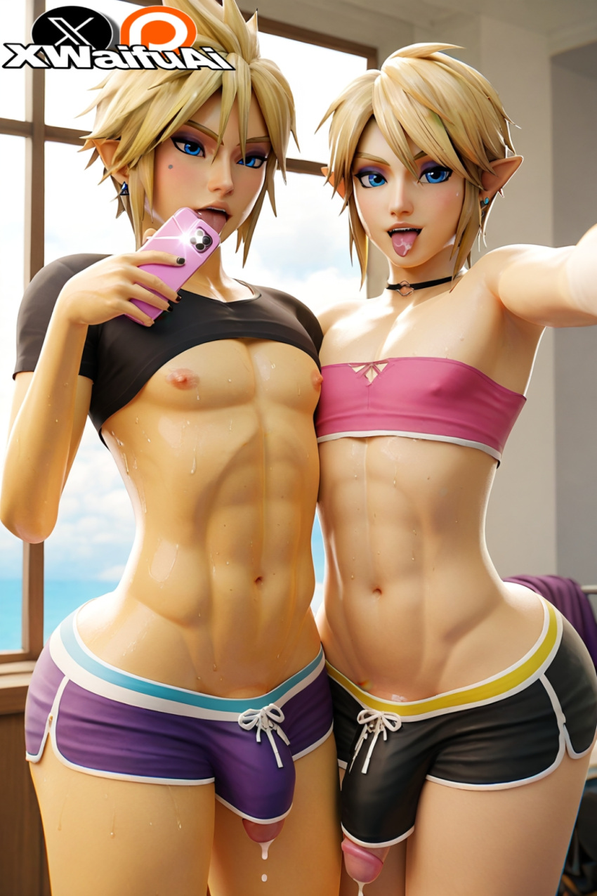 2boys, ai generated, ass, blonde hair, cloud strife, crop top, femboy, femboy only, final fantasy, final fantasy vii, gay, gay male, gay sex, huge ass, lifting shirt, link, looking at viewer, male, male only, nintendo, selfie, sexy, sissification, sissy, square enix, the legend of zelda, thick thighs, video games, xwaifuai