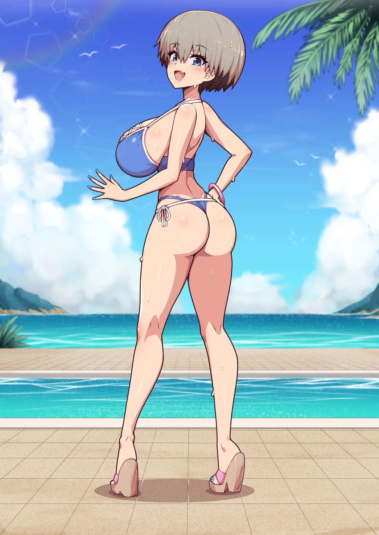 1girls, ass, ass cheeks, bare legs, bare shoulders, bare thighs, beautiful, beautiful body, beautiful female, beautiful girl, beautiful woman, beauty, big ass, big boobies, big booty, big breasts, big butt, big cake, big hips, big milkers, big thighs, big titties, bikini, bikini bottom, bikini top, blue eyes, blush, boobs and butt pose, booty, breasts, bust, busty, busty female, busty woman, cake, child bearing hips, clavicle, collarbone, curvy, curvy body, curvy female, curvy figure, cute, cute female, cute girl, enjoying, envelope, enveloped, enveloped in ass, envelopment, eyebrows, eyelashes, fat ass, fat butt, female, gray hair, happy, heavenly body, heels, high heels, hot female, hot girl, hourglass figure, hourglass figured female, huge ass, huge boobies, huge boobs, huge breasts, juicy ass, juicy booty, juicy breasts, juicy butt, juicy thighs, juicy tits, k-cup breasts, light skin, light-skinned female, looking at viewer, meaty ass, meaty butt, meaty thighs, milker, milkers, only female, outdoors, pendulous breasts, platinum hair, pool, poolside, round ass, round boobies, round breasts, round butt, sexy, sexy body, sexy female, sexy girl, sexy woman, shiny, shiny clothes, shiny hair, shiny skin, short hair, slim arms, smile, smiling, soft breasts, solo, solo female, spankable ass, standing, sweat, swimsuit, thick, thick ass, thick butt, thick hips, thick legs, thick thighs, thighhighs, tit, titties, uzaki hana, uzaki-chan wa asobitai!, virus-g, voluptuous, voluptuous female, wide hipped female, wide hips, wide thighs