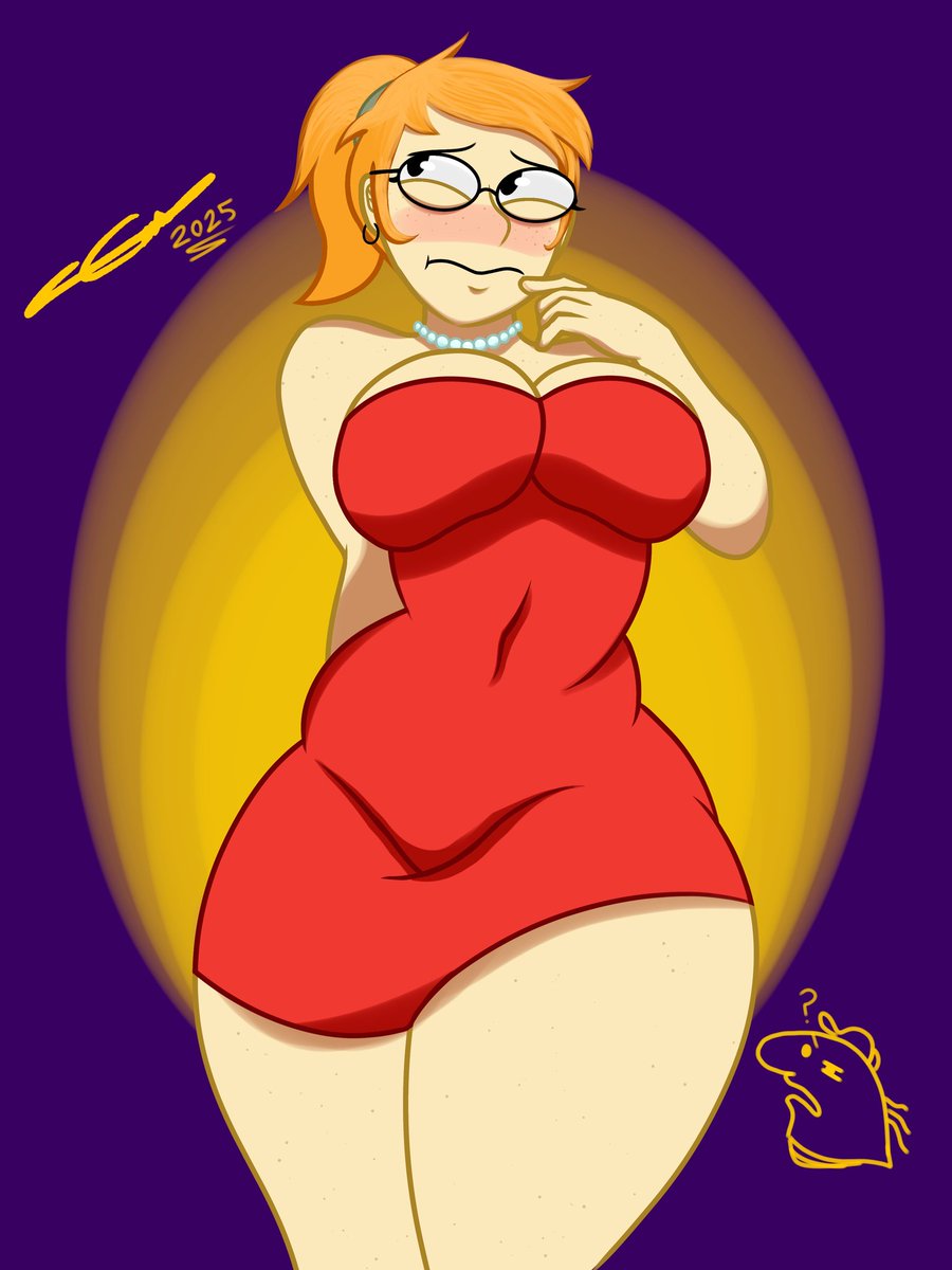 2025, big breasts, blush, charlie (smiling friends), earrings, edudragzfx, female focus, hand on mouth, hips wider than shoulders, midriff, necklace, nervous, ponytail, purple background, red dress, red hair, smiling friends, solo focus, thick hips, thick thighs, watermark, yellow shadow, zoey (smiling friends)