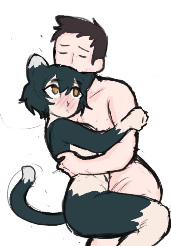 1boy1girl, alternate version available, black fur, blush, cat ears, cat girl, cat tail, catgirl, colored, cuddling, dungeon meshi, embrace, embracing, hiltonhanoi, izutsumi, japversus, nude, wholesome, wide eyed, yellow eyes