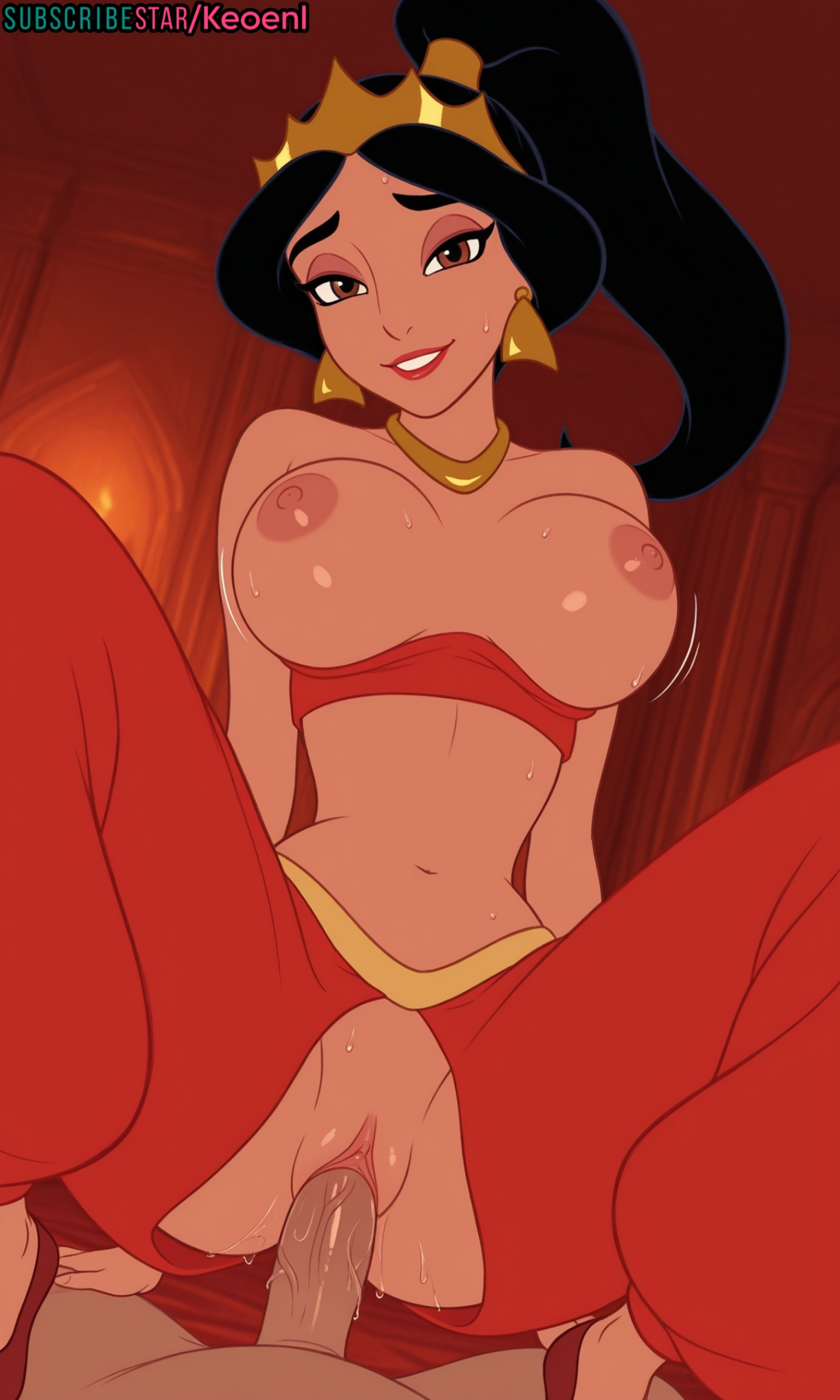 1boy, 1girls, accurate art style, ai generated, aladdin (1992 disney film), arabian, arabian female, ass, bed, bedroom, belly dancer, big breasts, black hair, blush, bouncing breasts, breasts, brown eyes, brown nipples, cowgirl position, dark nipples, dark skin, dark-skinned female, day, disney, disney princess, earrings, evil queen jasmine, exposed breasts, eyelashes, eyeshadow, female, front view, full body, happy, harem, harem outfit, harem pants, heels, hi res, high heels, high ponytail, huge breasts, indoors, interracial, jasmine (aladdin), jewelry, keoenl, legs up, light-skinned female, light-skinned male, lips, lipstick, long hair, looking at another, looking at viewer, makeup, male, medium breasts, nipples, no bra, nude, on bed, panties, parted lips, partial male, penetration, ponytail, pose, posing, princess, pussy, pussy juice, red lips, red lipstick, royalty, sagging breasts, seductive, sex, sex toy, subscribestar, sweat, sweating, tan-skinned female, thighhighs, vaginal penetration, vaginal sex, wide hips