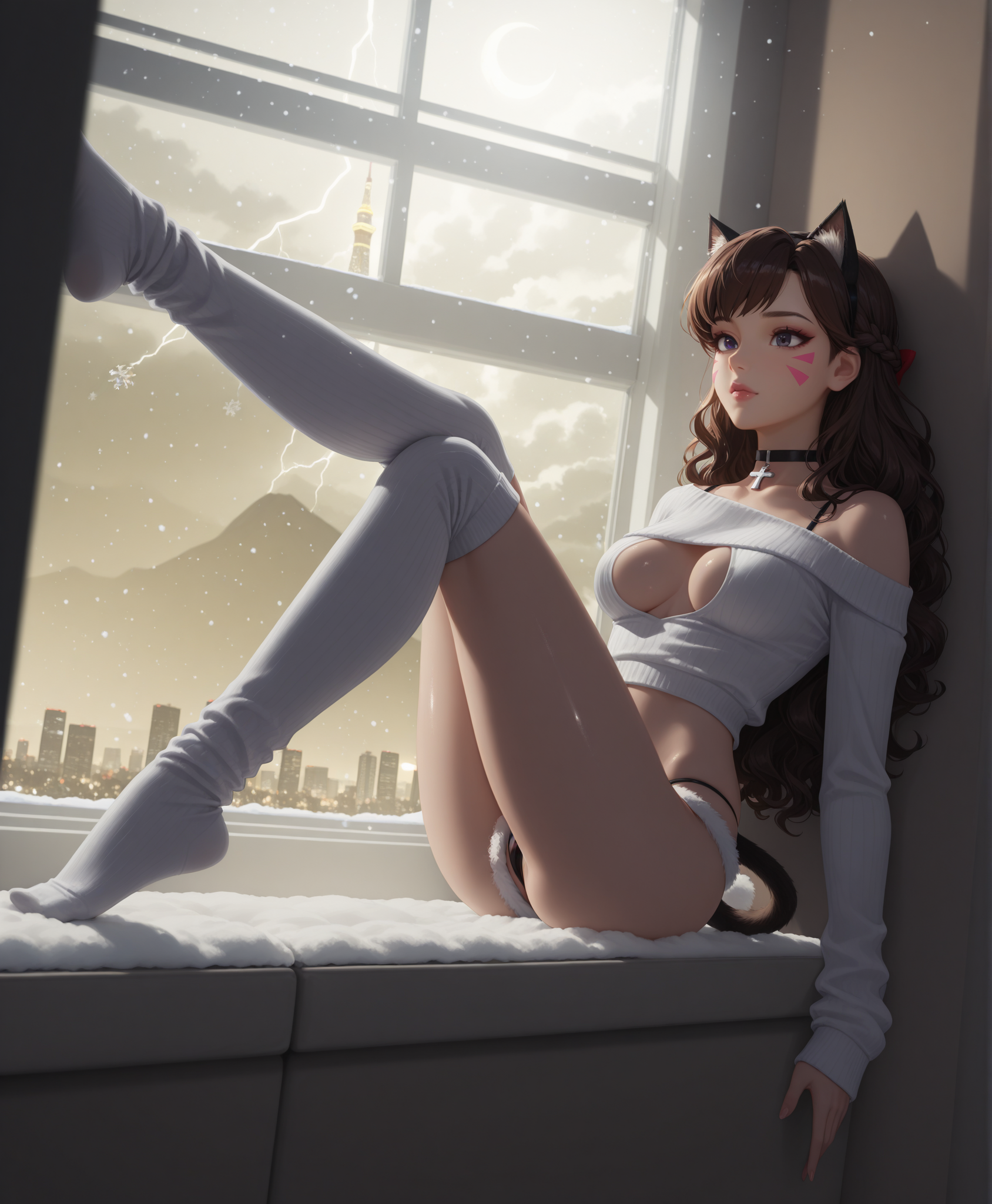 1female, ai generated, beautiful, black choker, brown hair, brunette female, cat ears, cat girl, cat tail, catgirl, choker, christmas, christmas decorations, christmas lights, christmas ornaments, christmas tree, city, city background, city lights, cityscape, cleavage, d.va, female focus, female only, indoors, lingerie, long hair, looking at viewer, looking back, mirresex, night, night sky, night time, one leg raised, one leg up, overwatch, pretty, pretty face, pretty girl, self upload, solo, solo focus, wavy hair