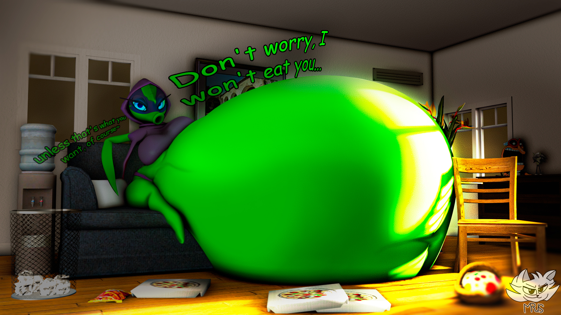 3d, belly, big belly, couch, dialogue, fat, green shadow (pvz), hlam ris, huge belly, hyper, hyper belly, imminent vore, implied vore, living room, overweight, peashooter (pvz), pizza, pizza box, plant, plant girl, plants vs zombies, plants vs zombies: heroes, popcap games, text, vore, vore belly