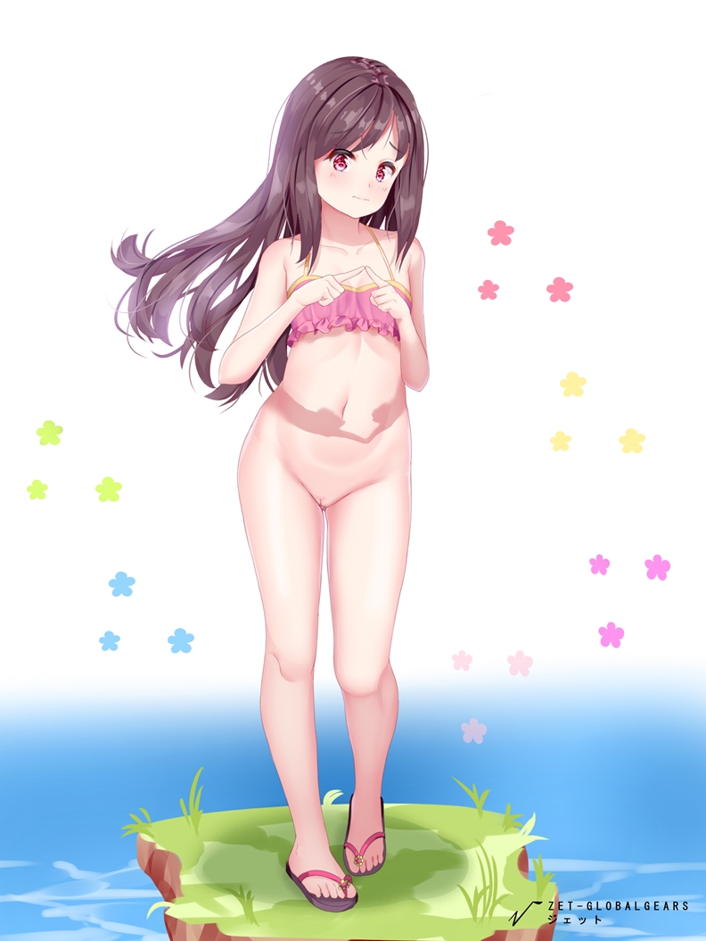 artist_name bikini blush bottomless breasts brown_hair closed_mouth collarbone eyebrows_visible_through_hair female floral_background grass groin hitori_bocchi hitoribocchi_no_marumaru_seikatsu long_hair looking_at_viewer navel pink_bikini pussy red_eyes sandals shiny shiny_hair simple_background small_breasts solo swimsuit swimwear white_background zet_(zetart)