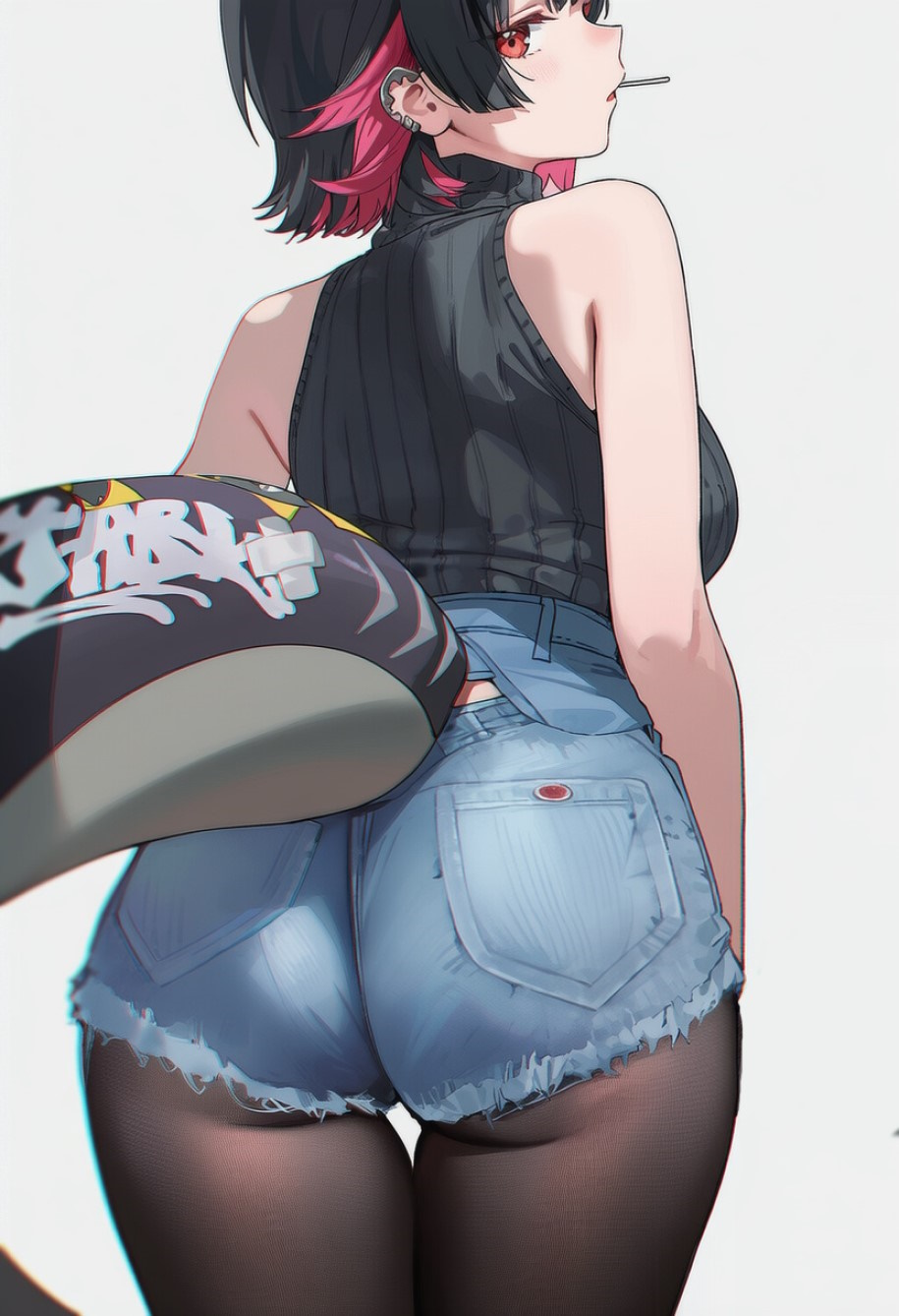 1girls, ai generated, ass, big ass, ellen joe, hoyoverse, huge ass, jeans shorts, looking at viewer, looking back, mihoyo, multicolored hair, pantyhose, pantyhose under shorts, shark girl, shark tail, shorts, stockings, thick thighs, thighs, zenless zone zero