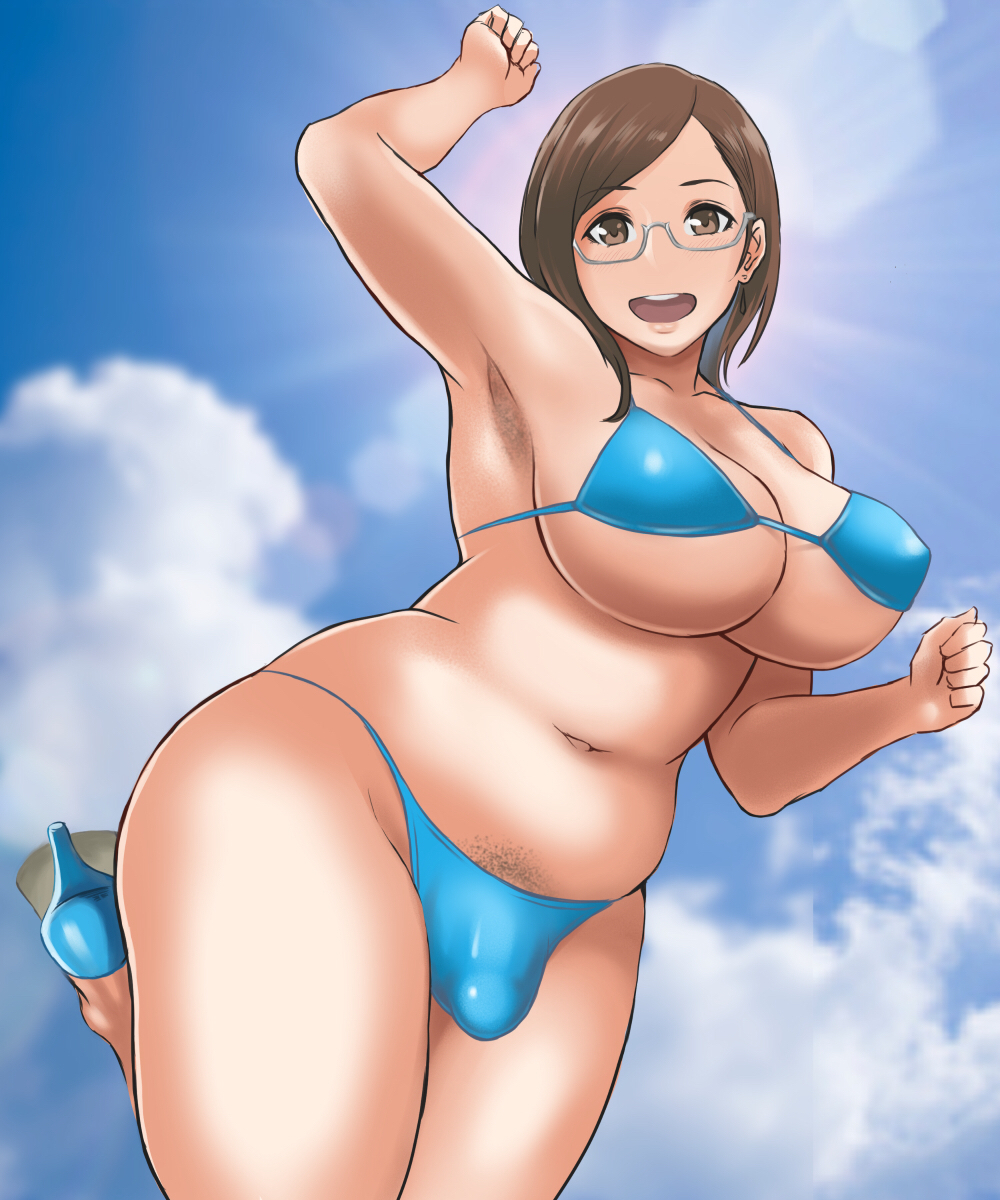 1futa, armpits, arms up, bbw, big breasts, bikini, breasts, bulge, cleavage, deep armpits, dickgirl, futa only, futanari, intersex, large breasts, looking at viewer, penis, penis under clothes, shibusun, solo