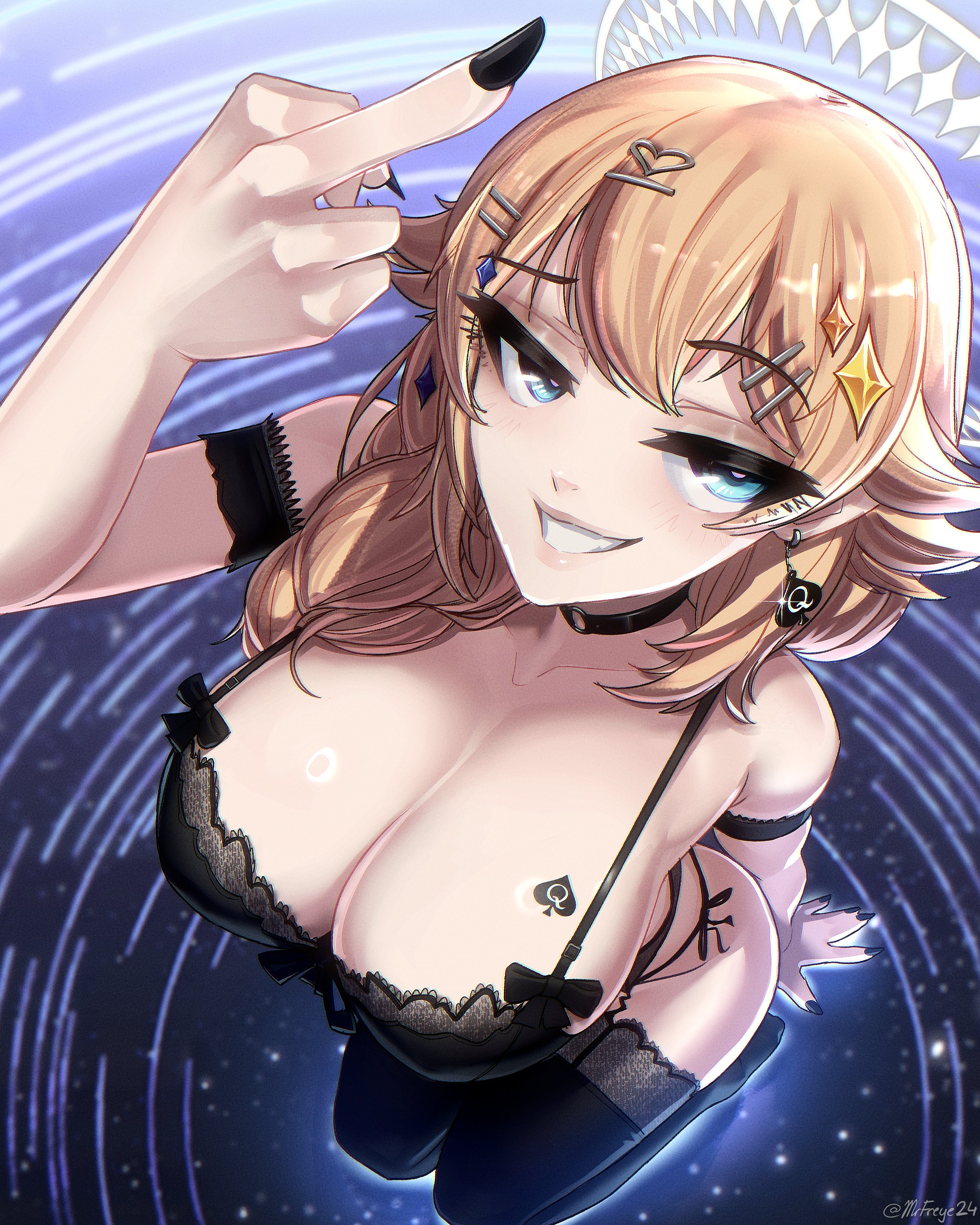 1girls, 2d, alternate version available, artist name, big breasts, black nails, blonde female, blonde hair, blue eyes, blush, breast tattoo, breasts, choker, cleavage, earrings, female, female only, grin, halo, jewelry, kaneko lumi, large breasts, light skin, light-skinned female, lingerie, long fingernails, long nails, looking at viewer, middle finger, mrfreye24, on knees, painted nails, perspective, phase connect, qos, queen of spades, smile, smiling, smug, smug face, solo, tattoo, teeth, virtual youtuber