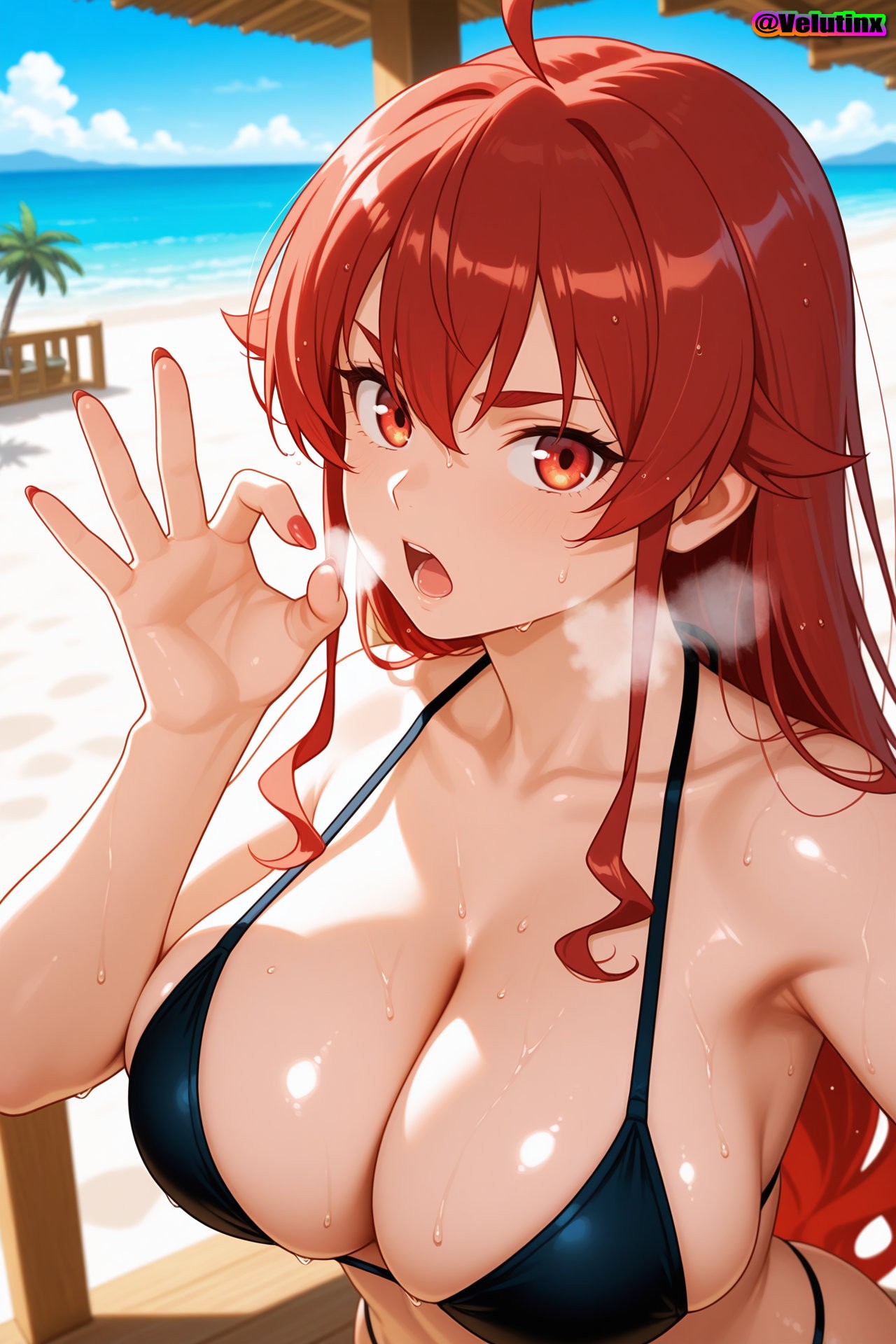 1girls, ai generated, beach, big breasts, blush, breasts, bubble butt, bursting breasts, busty, cleavage, curvaceous, curvy, curvy body, curvy female, curvy figure, curvy hips, eris greyrat, fellatio gesture, hi res, high quality, high resolution, highres, hourglass figure, huge ass, huge hips, large breasts, looking at viewer, mature, mature female, mushoku tensei, ocean, outdoors, paid reward available, red eyes, red hair, seaside, shiny skin, skindentation, sky, soft breasts, solo, solo focus, sweat, sweating, thick thighs, velutinx, visible breath, voluptuous, voluptuous body, voluptuous female, watermark, waves, wet clothes, wet hair, wet shirt, wet skin, wide hips