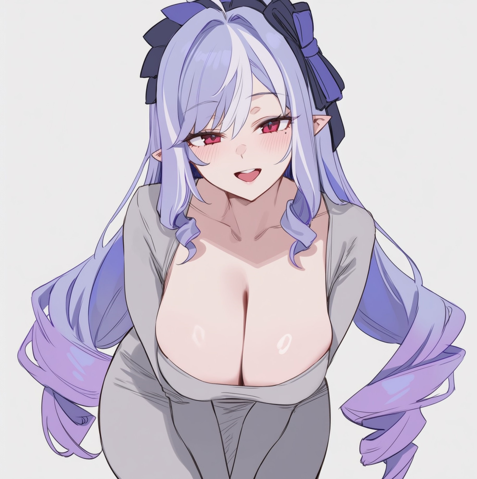 ai generated, bent over, big breasts, blush, breasts, cleavage, close up, dongtan dress, dress, elf ears, grey dress, hair ornament, hair ribbon, hoyoverse, leaning forward, long hair, looking at viewer, mihoyo, multicolored hair, open mouth, shiny skin, smile, tight clothing, vivian banshee, wide hips, zenless zone zero