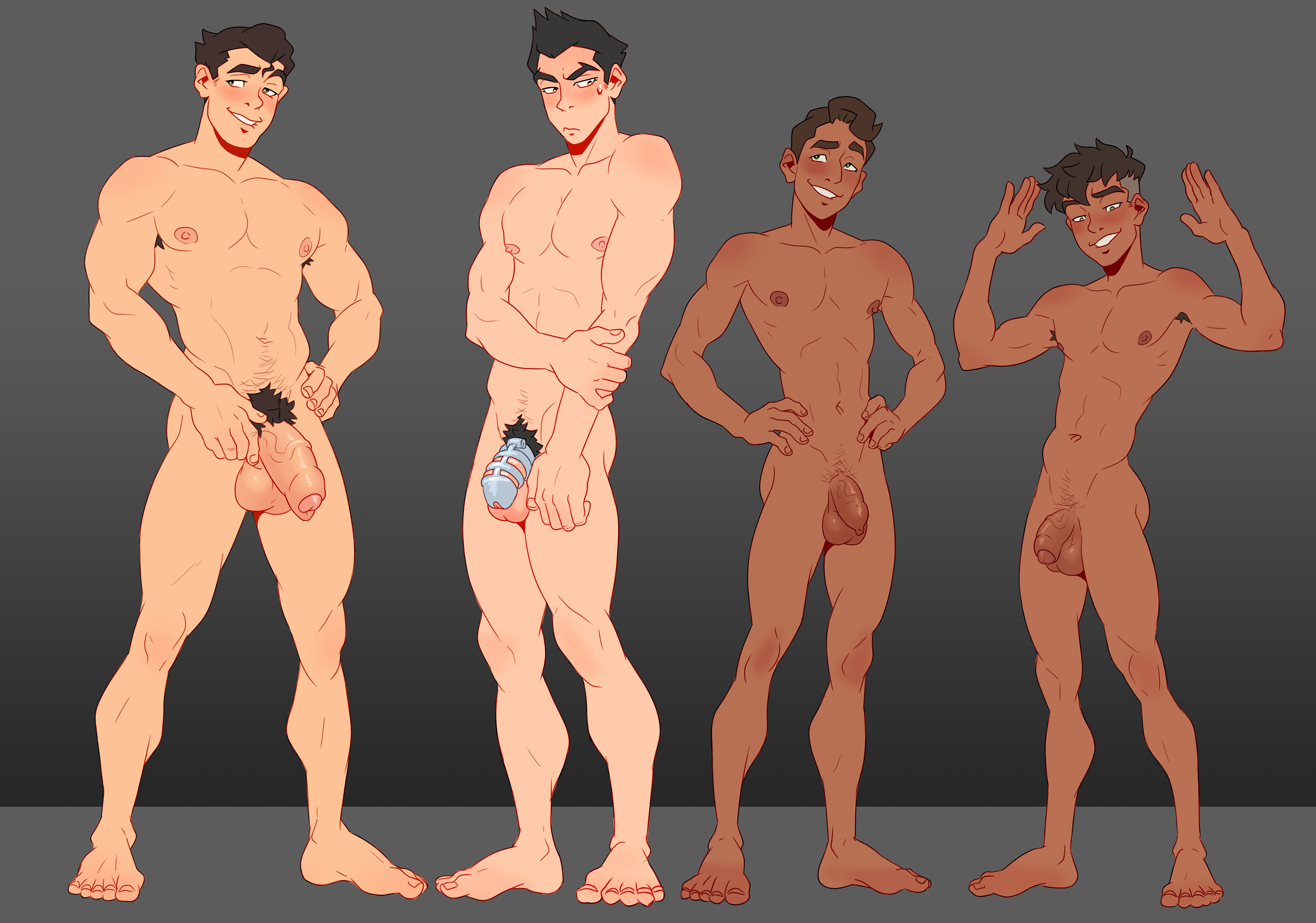 4boys, balls, bolin, chastity cage, chastity device, completely nude, gay, gay male, kai (avatar), mako, male only, penis, prince wu, pubic hair, spicehead, the legend of korra, uncut, yaoi