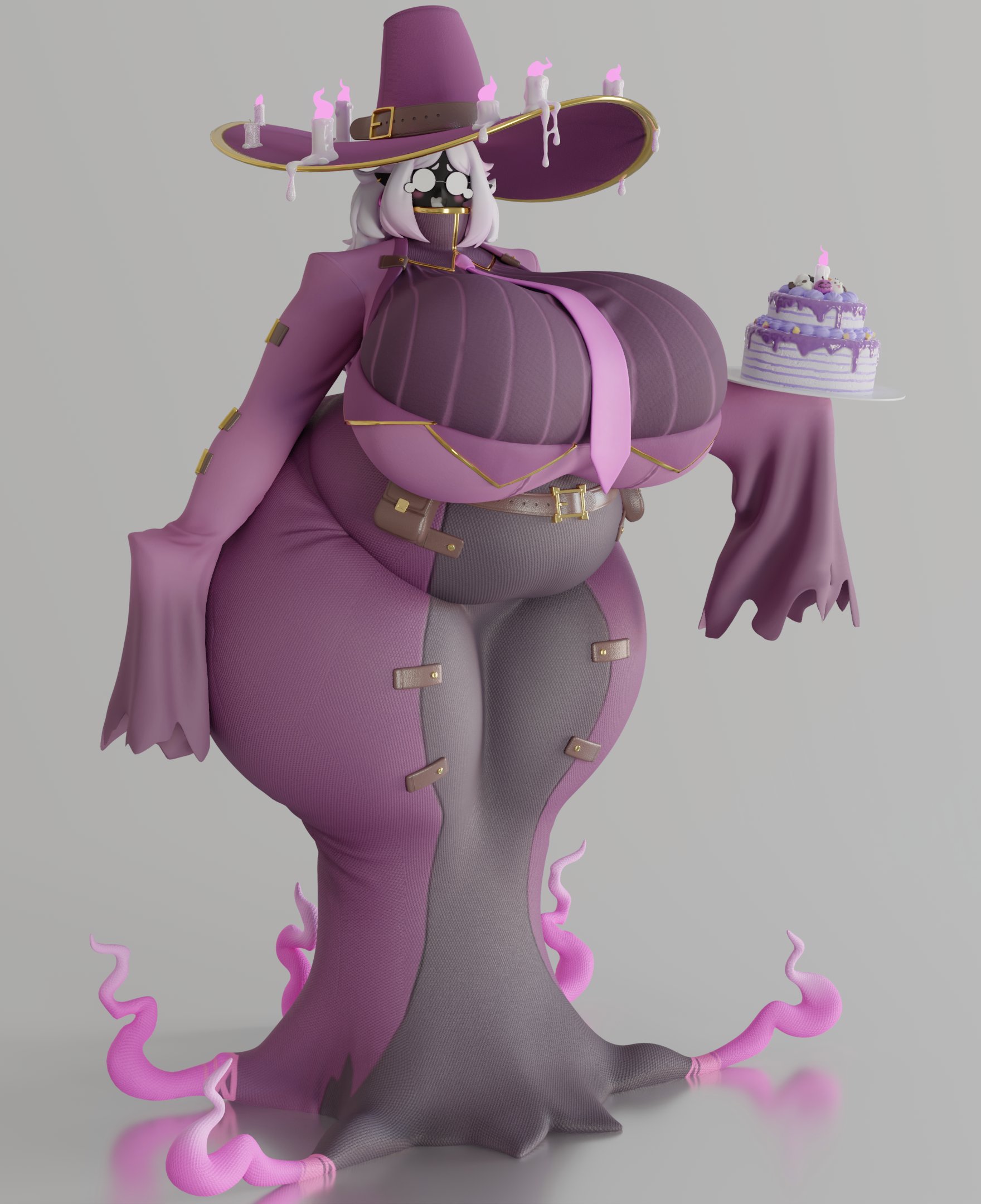 1girls, 2025, 3d, ass, belly, big ass, big breasts, big thighs, blush, breasts, breasts bigger than head, cake, candle, candles, chubby, chubby female, clothed, clothed female, color, curvy, curvy female, female, female only, front view, full body, gigantic breasts, glasses, grey background, hi res, hips, huge ass, huge breasts, huge thighs, long ears, long hair, long sleeves, necktie, purple clothing, round glasses, sewerseraph, shadow, solo, solo female, thick thighs, thighs, usukeninja, voluptuous, voluptuous female, waxine, white hair, wide hips, witch, witch hat