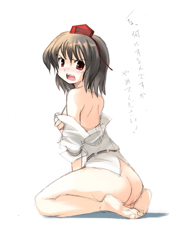 angry ass bare_shoulders barefoot black_hair blush bottomless hat kneeling looking_at_viewer open_mouth red_eyes seo_tatsuya shameimaru_aya solo tear tokin_hat touhou translated