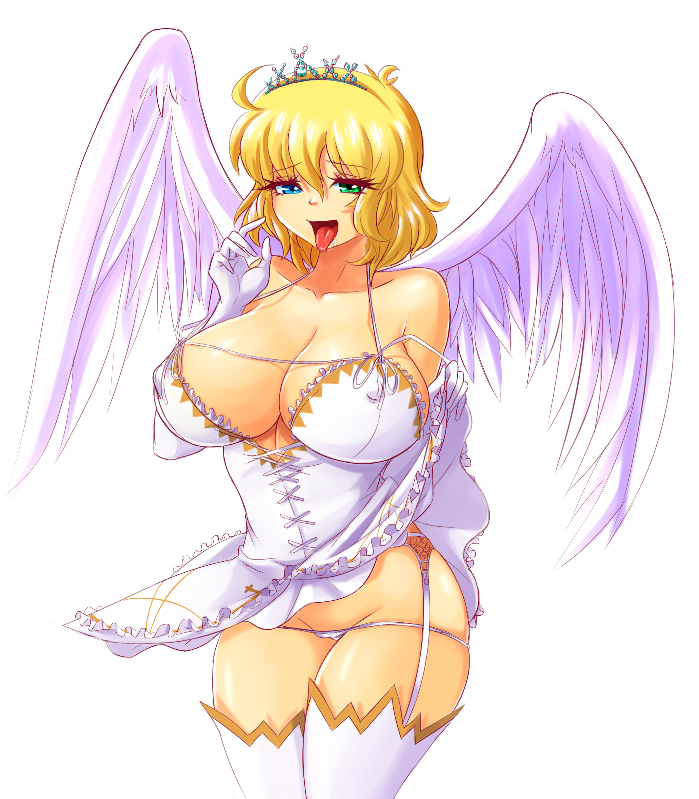 ahoge, angel wings, bare shoulders, blonde hair, blue eyes, breasts, cleavage, dress, evildei, female, green eyes, heterochromia, large breasts, lowleg, lowleg panties, panties, ryouna (senran kagura), senran kagura, senran kagura (series), senran kagura shinovi versus, short hair, smile, solo, standing, thighhighs, tiara, tongue, tongue out, underwear, white legwear, white panties, white wings, wings