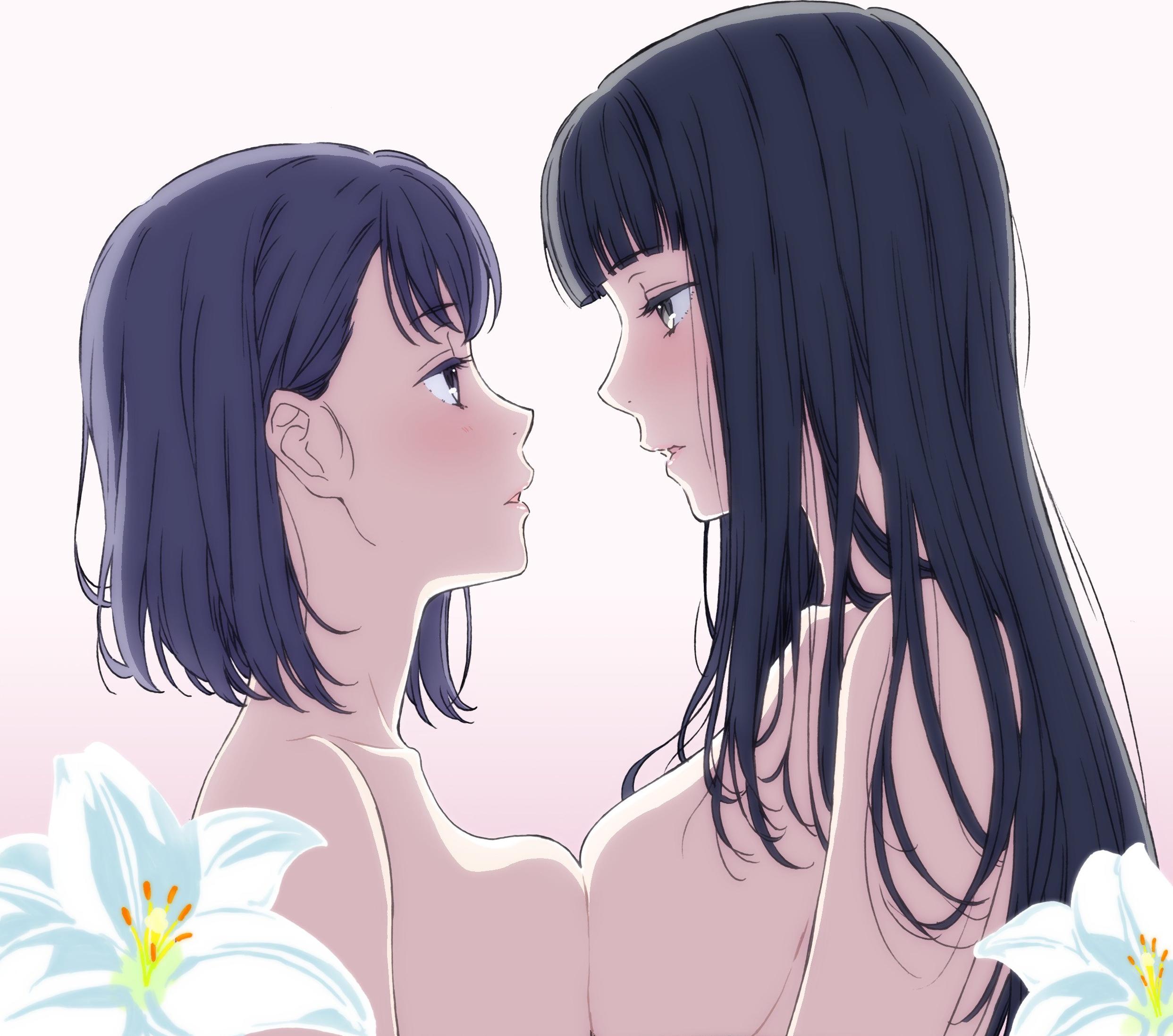 2girls, bangs, big breasts, black hair, blunt bangs, blush, breast press, breasts, couple, eye contact, eyebrows visible through hair, face-to-face, female, female only, flower, from side, gradient, gradient background, grey eyes, half-closed eyes, hi res, highres, human, human only, kakitama, large breasts, lips, long hair, looking at another, medium hair, multiple females, multiple girls, mutual yuri, neck, nude, open mouth, original, purple eyes, purple hair, romantic, short hair, symmetrical docking, upper body, white flower, yuri