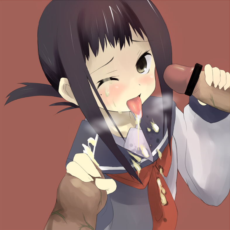 1girls 2boys atahuta bar_censor censored cum cum_on_clothes cum_on_face double_handjob handjob kaga_ai one_eye_closed penis sayonara_zetsubou_sensei school_uniform tagme tongue_out upper_body