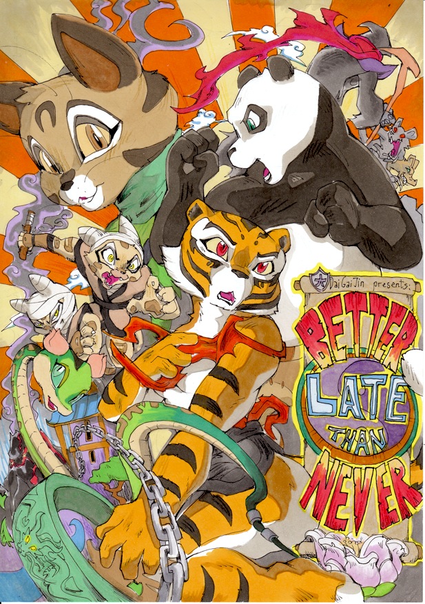 better_late_than_never comic cover_page daigaijin english_text kung_fu_panda master_po_ping master_tigress master_viper mei_ling viper_(species) wan_wu wing_wu