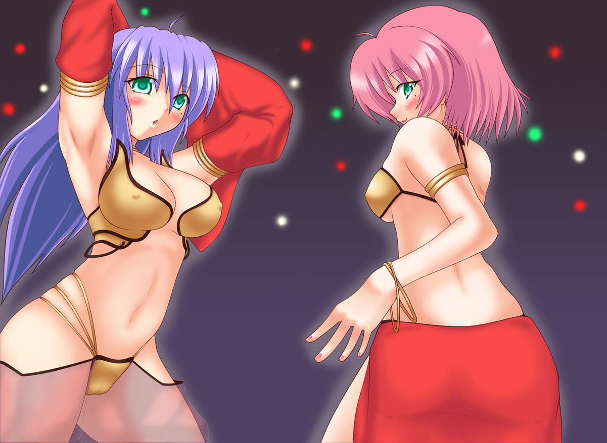 aqua_eyes arabian_clothes armpits arms_up blue_hair blush bracelet breasts cleavage dancer dancer_(ragnarok_online) dancer_(ro) detached_sleeves erect_nipples gypsy gypsy_(ragnarok_online) harem_outfit jewelry long_hair looking_back mole multiple_girls nipples pink_hair purple_hair ragnarok_online see-through short_hair smile underboob underring