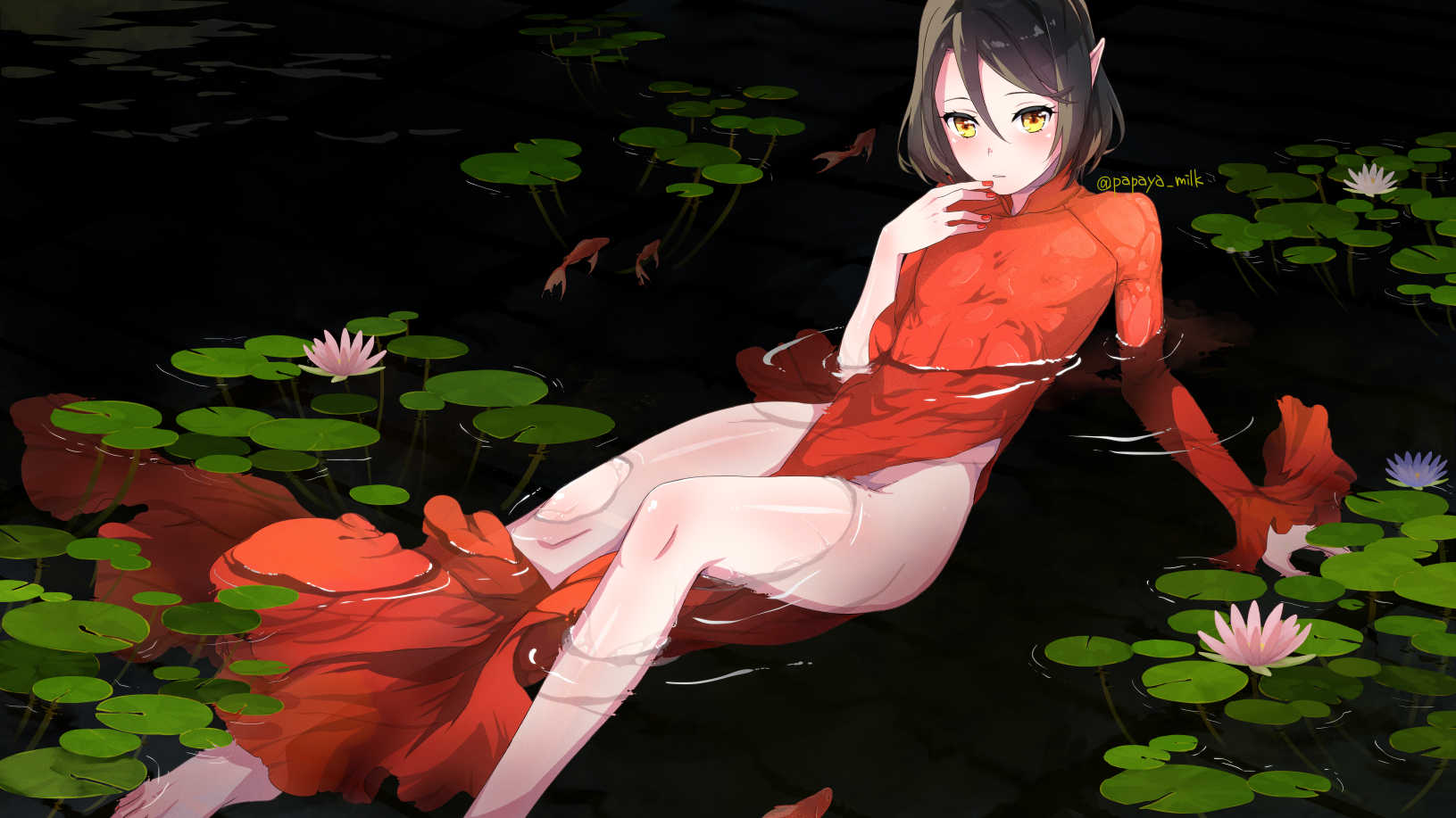 1boy, black hair, chinese clothes, crossdressing, elf, femboy, girly, lake, male, male only, orange eyes, papaya milk, pointy ears, trap, white skin