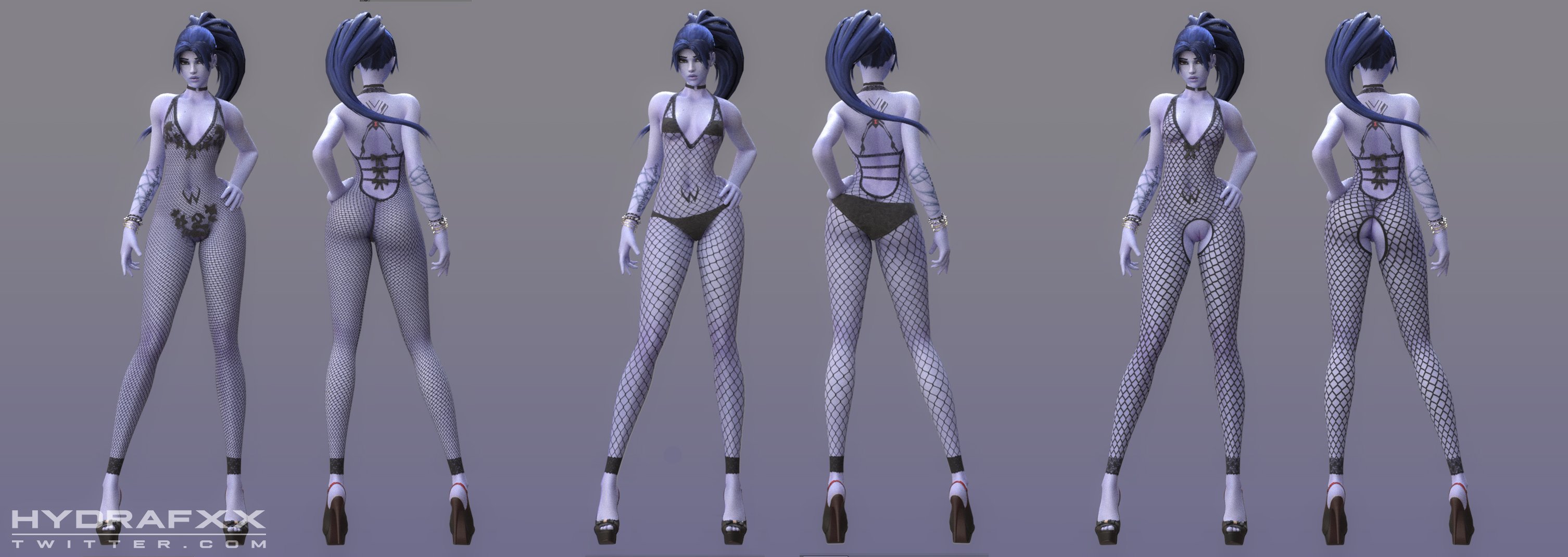 1girls, 3d, amelie lacroix, areolae, ass, blizzard entertainment, bra, breasts, female, female only, fishnet, fishnet bodysuit, hydrafxx, long hair, model sheet, naked footwear, nipples, open toe shoes, overwatch, panties, ponytail, pussy, solo, widowmaker