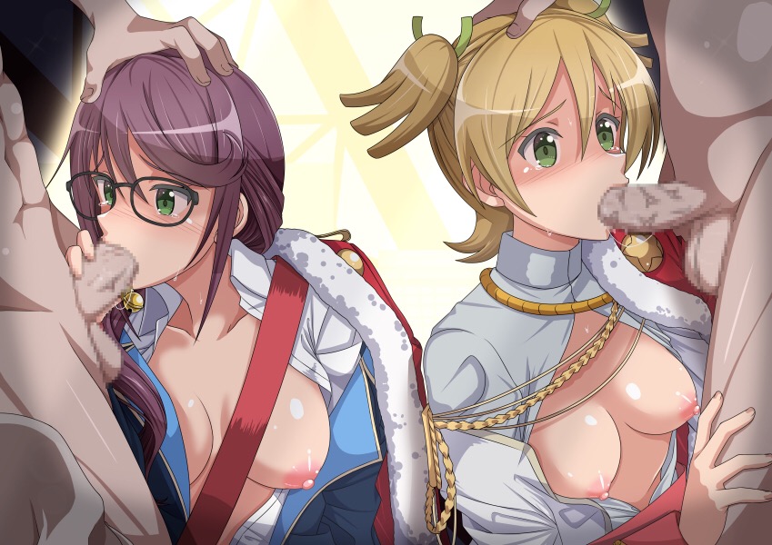 2boys 2girls aiguillette bell black-framed_eyewear blonde_hair breasts cape censored clothed_female clothed_female_nude_male clothed_sex daiba_nana dominant_male fellatio glasses green_eyes hair_bell hair_ornament hand_on_another's_head hassan_(user_vgzs2728) hoshimi_junna jingle_bell large_breasts medium_breasts mosaic_censoring multiple_boys multiple_girls multiple_penises nipples no_bra nude open_clothes oral penis purple_hair sash short_hair shoujo_kageki_revue_starlight straight submissive_female testicles twintails