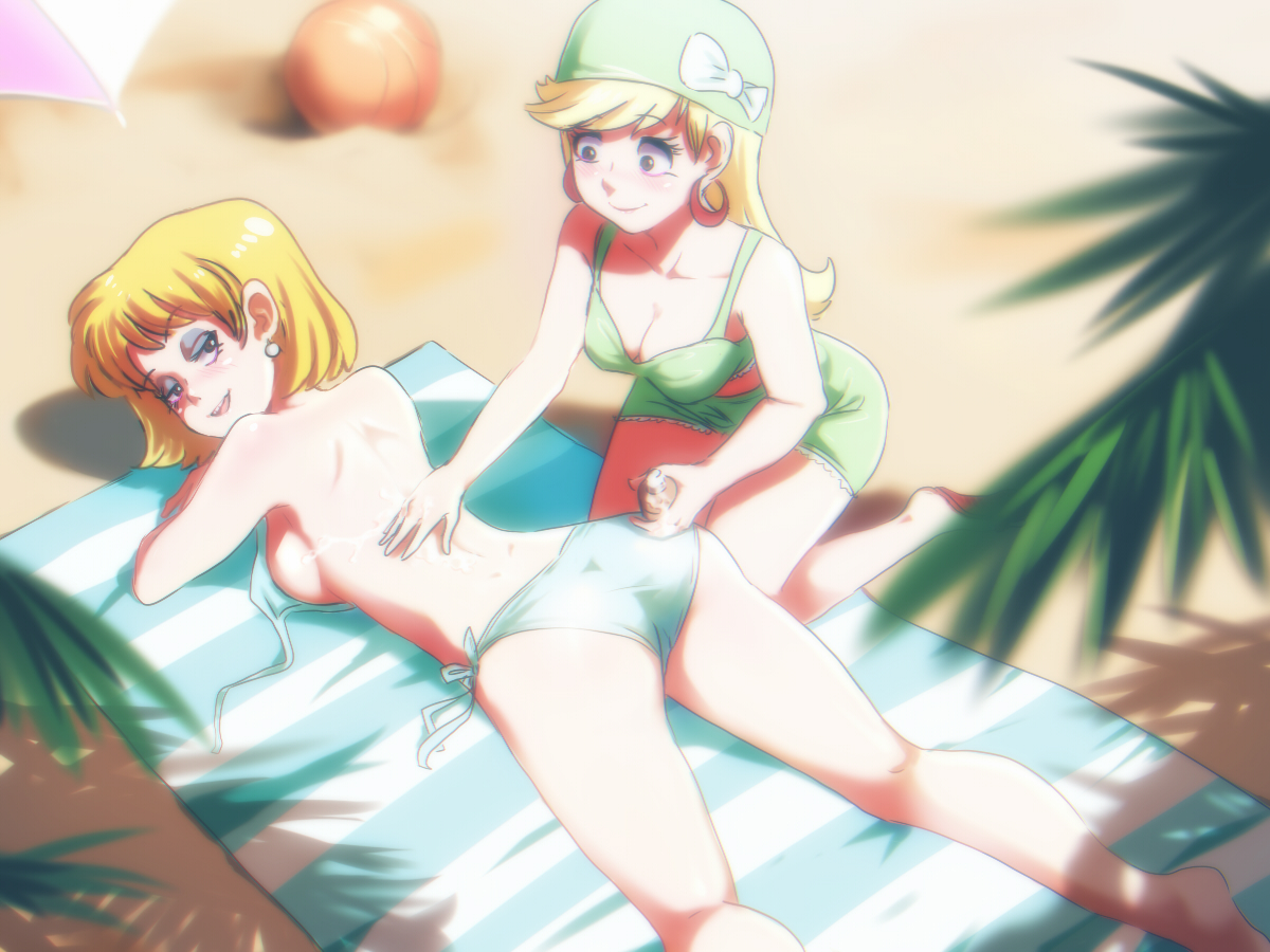 2girls, ball, beach, bikini, bikini top, blonde female, blonde hair, breasts, cleavage, curvy, female, female only, human, human only, jcm2, legs, leni loud, looking at viewer, looking pleasured, lori loud, lotion, multiple females, multiple girls, sand, siblings, sisters, straight hair, swimsuit, the loud house, topless, towel