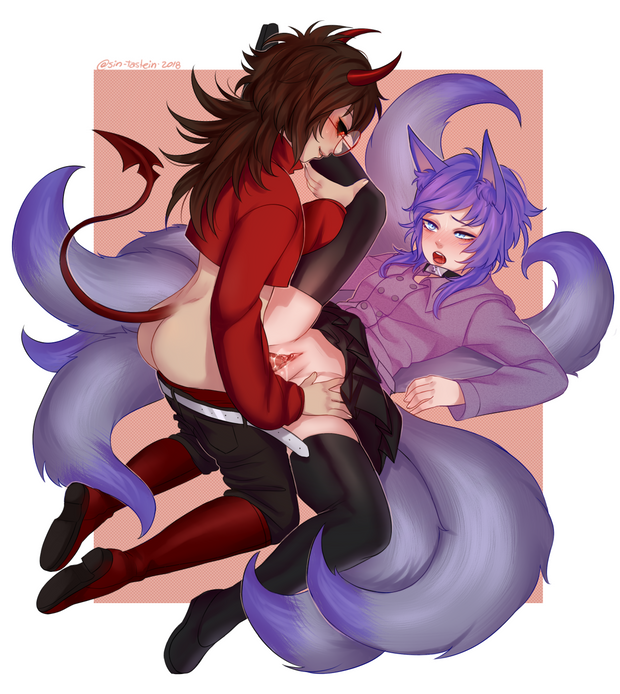 black_hair blue_eyes clothed_sex demon_girl demon_horns demon_tail dickgirl dickgirl_domination female fox_ears fox_girl fox_tail futa_on_female futanari glasses intersex leyley multiple_tails mura_(woops) orange_eyes purple_hair sin-tastein thick_thighs thigh_boots thighhighs vaginal_penetration vrchat woops