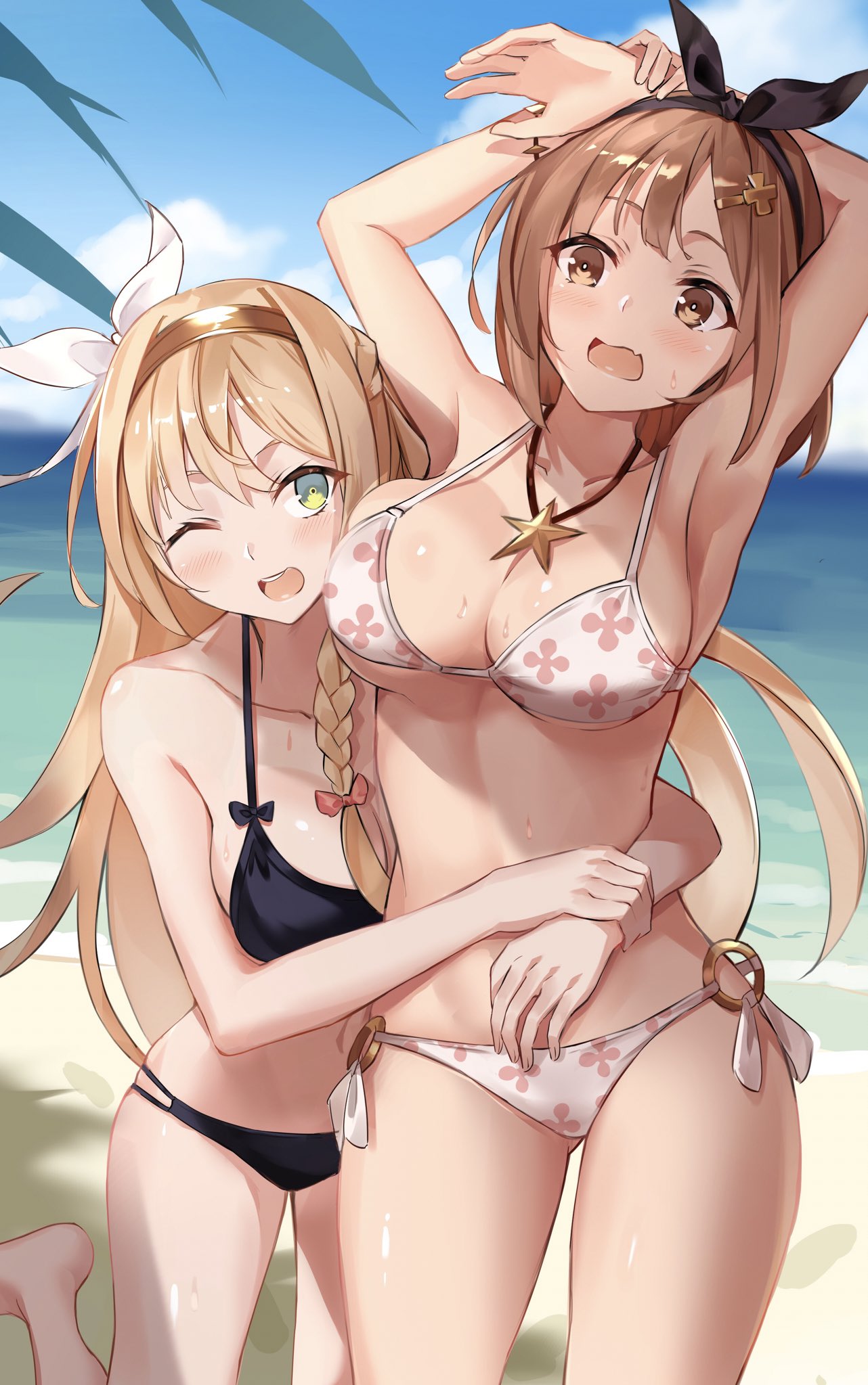 ;d, 2girls, armpits, arms up, atelier (series), atelier ryza, bangs, bare shoulders, beach, bikini, black ribbon, blonde hair, blue bikini, blue sky, blush, braid, breasts, brown eyes, brown hair, cleavage, cloud, collarbone, day, female, female only, floral print, hair ornament, hair ribbon, hairband, hairclip, highres, horny, hug, jewelry, klaudia valentz, large breasts, long hair, looking at viewer, monyu (monyupop), multiple females, multiple girls, navel, necklace, ocean, oerba yun fang, one eye closed, open mouth, outdoors, pink bikini, reisalin stout, ribbon, sand, short hair, sidelocks, skin fang, sky, smile, star, star necklace, stomach, swimsuit, thighs, wet