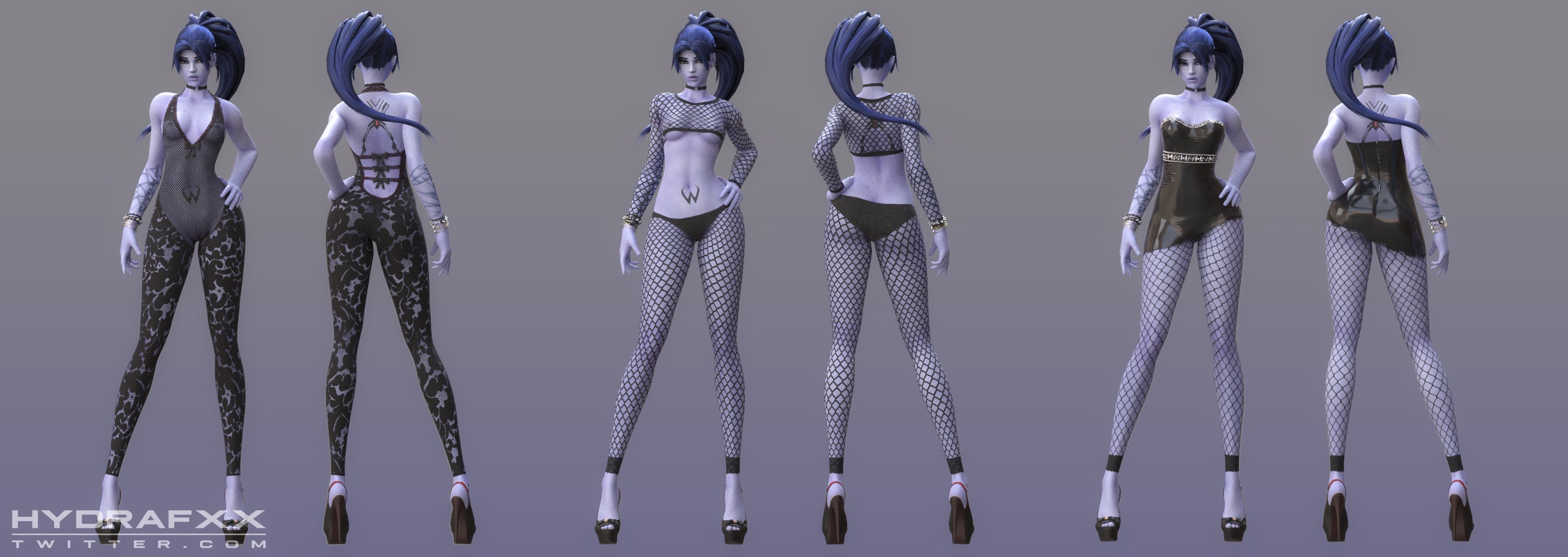 1girls, 3d, amelie lacroix, areolae, ass, blizzard entertainment, bra, breasts, female, female only, fishnet bodysuit, fishnets, hydrafxx, long hair, model sheet, nipples, open toe shoes, overwatch, panties, ponytail, solo, widowmaker