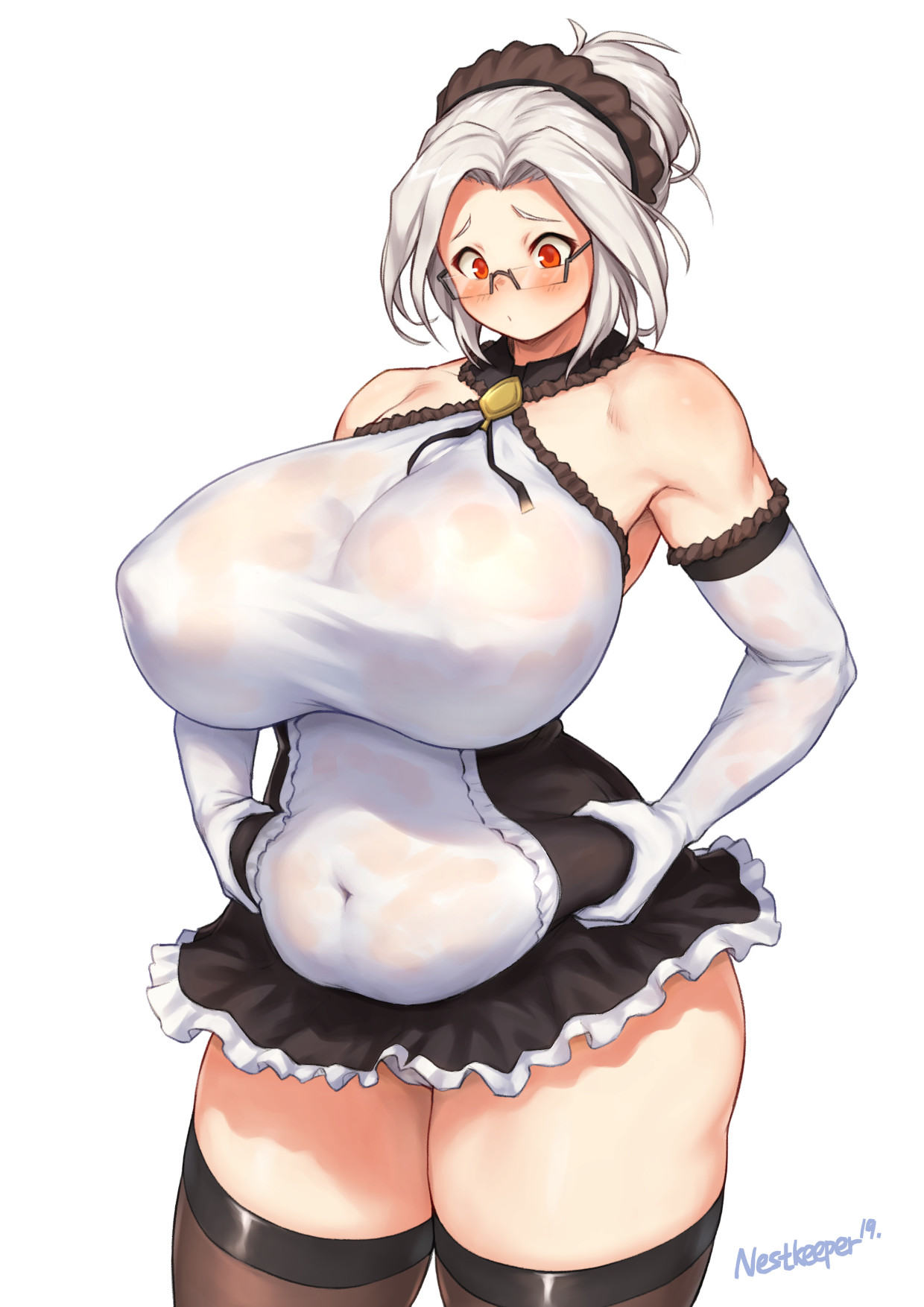 1girls, belly grab, big breasts, breasts, chubby, cleavage, female, female only, labiata prototype (last origin), large breasts, last origin, maid uniform, navel, nestkeeper, red eyes, solo, thick thighs, thighhighs, weight conscious, wet, wet clothes, white hair, wide hips