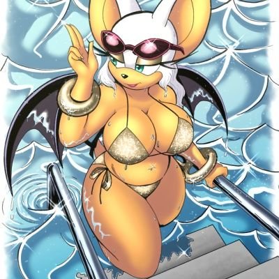 1girls big_breasts bra bracelet breasts curvy female female_only ladder panties pool rouge_the_bat sonic_(series) step_pose steps sunglasses sunglasses_on_head swimming_pool swimsuit thick_thighs water white_fur white_hair