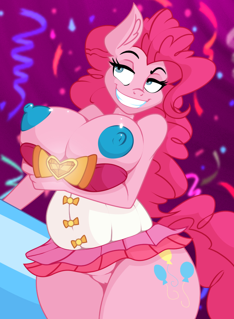 2014 2018 anthro anthrofied areola blue_eyes bottomwear breasts canon clothed clothing earth_pony equid equine female friendship_is_magic hair horse jrvanesbroek looking_up mammal my_little_pony nipples partially_clothed party_cannon pink_hair pinkie_pie_(mlp) pony pussy skirt smile solo straight_hair wide_hips