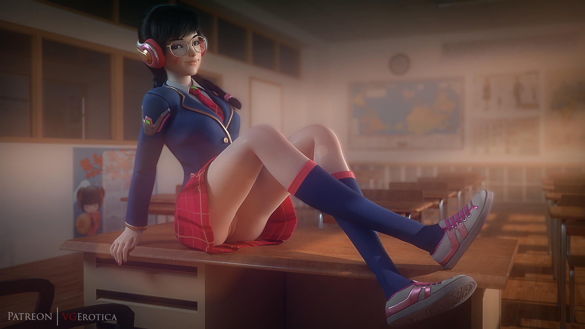 1girls, 3d, academy d.va, alternate costume, areolae, asian, autodesk maya, black hair, blizzard entertainment, braid, braided hair, braided twintails, breasts, brown eyes, brown hair, checkered skirt, classroom, cute, d.va, eyelashes, eyeliner, facial mark, facial markings, female, female only, fringe, glasses, inviting to sex, kneehighs, light skin, long hair, looking at viewer, naughty face, nipples, on table, overwatch, presenting pussy, pussy, school uniform, schoolgirl, shoes, skinny, slim, sneakers, solo, stockings, teenager, vgerotica, video games