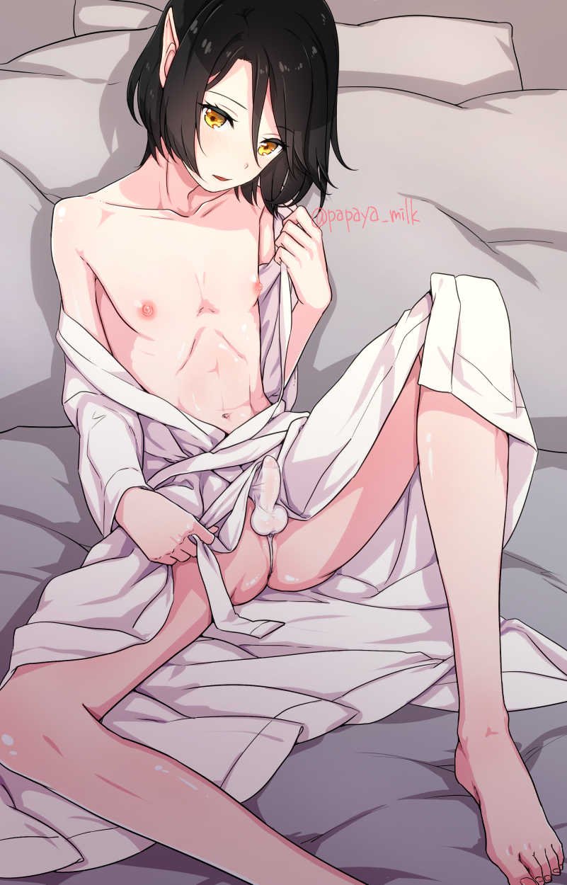 1boy, black hair, bulge, crossdressing, elf, femboy, girly, male, male only, papaya milk, pointy ears, thong, trap, white skin, yellow eyes