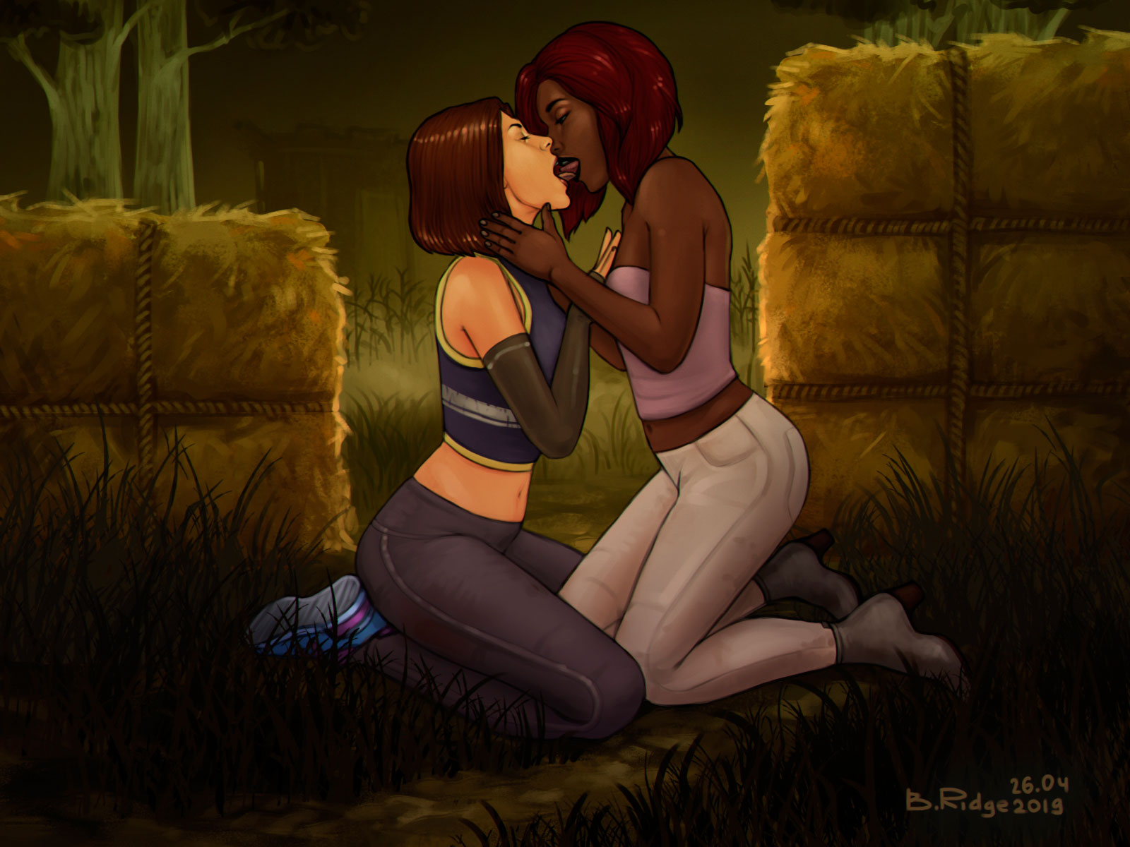 2d, 2girls, b.ridge, black skin, claudette morel, clothed, dbd, dead by daylight, duo, eyes closed, female, female only, human, human only, kissing, kneeling, meg thomas, multiple females, multiple girls, na1t, outdoors, tongue, tongue kiss, white skin, yuri