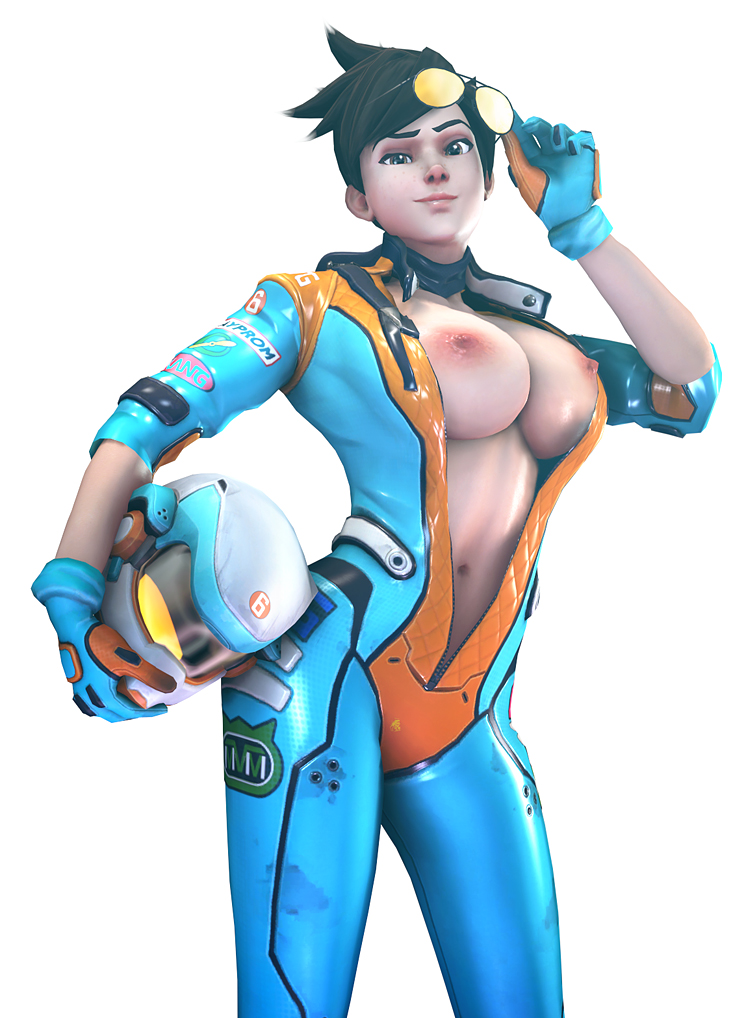 1girls, 3d, alternate costume, areolae, batesz, bodysuit, breasts, female, female only, looking at viewer, mach t tracer, nipples, overwatch, solo, source filmmaker, tracer