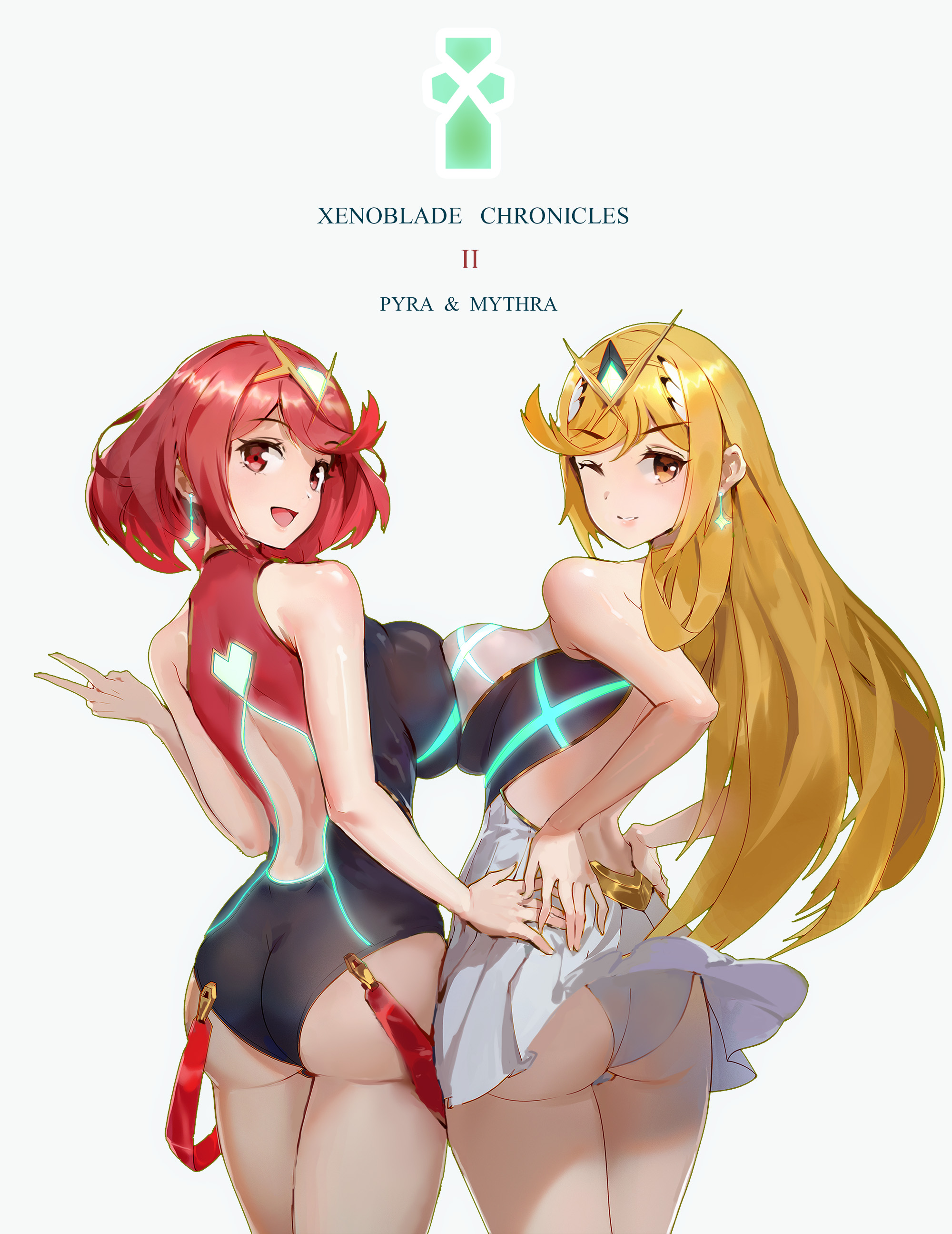 2girls, absurdres, alternate costume, ass, asymmetrical docking, back, back cutout, bangs, bare arms, bare shoulders, black swimsuit, blonde hair, blush, breast press, breasts, casual one-piece swimsuit, character name, circlet, closed mouth, commentary request, competition swimsuit, copyright name, dress, dress lift, earrings, eyebrows visible through hair, female, from behind, gem, glowing, halterneck, hand on another's hip, hand up, hands on hips, happy, heart, highres, hip focus, ili, impossible clothes, impossible dress, impossible swimsuit, jewelry, large breasts, legs together, light smile, lips, long hair, looking at viewer, looking back, multicolored, multicolored clothes, multiple females, multiple girls, mythra, neon trim, nintendo, one eye closed, one-piece swimsuit, open mouth, panties, pantyshot, pleated dress, pyra, red eyes, red hair, selfcest, shiny, shiny hair, shiny skin, short dress, short hair, side-by-side, sideboob, sidelocks, simple background, sleeveless, sleeveless dress, smile, standing, strap, swept bangs, swimsuit, thick thighs, thighs, tiara, turtleneck, underwear, v, very long hair, white dress, white panties, wide hips, xenoblade (series), xenoblade chronicles 2, yellow eyes