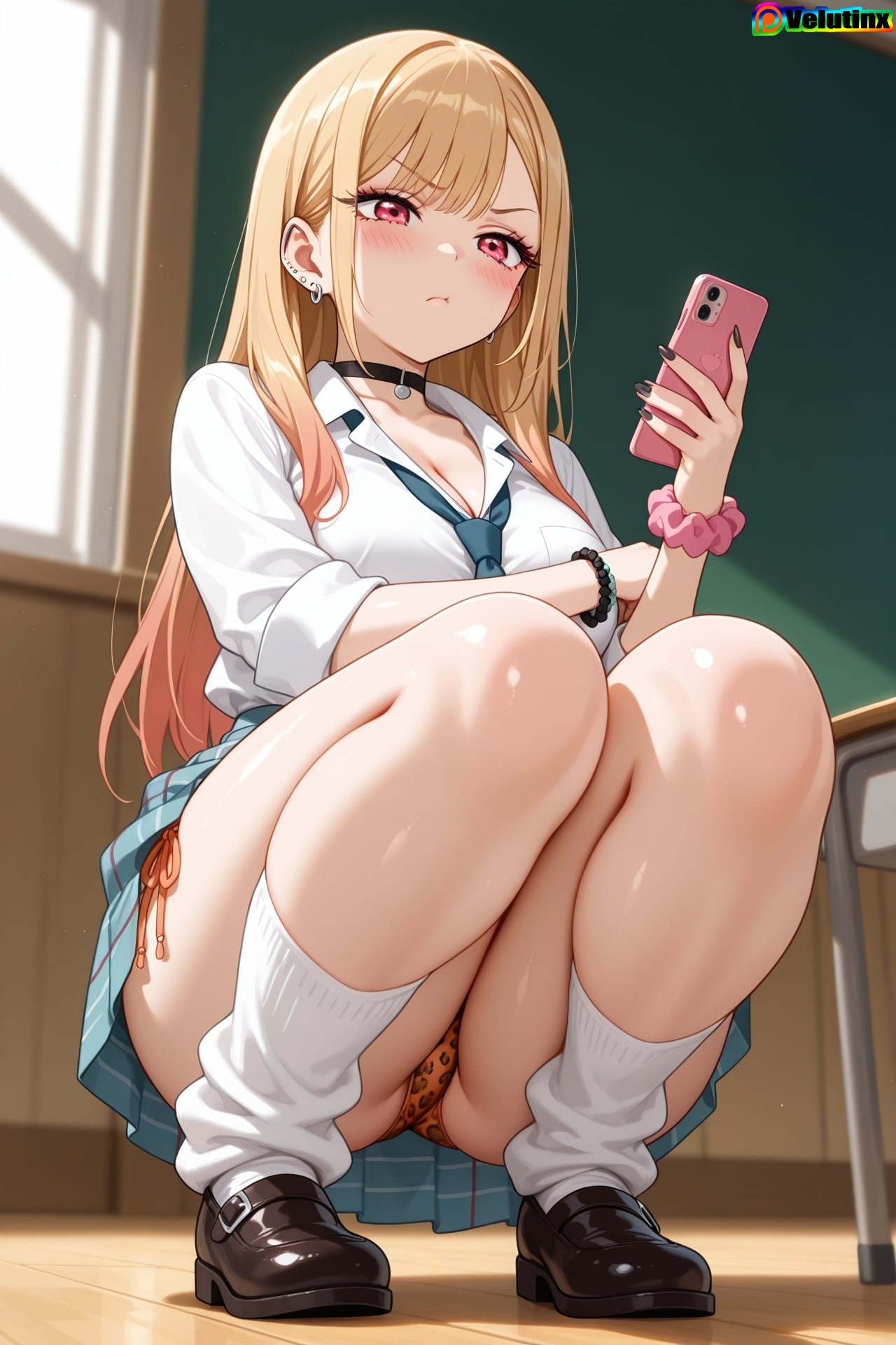 1girls, absurd res, absurd resolution, absurdres, ai generated, animal print, annoyed, ass, bangs, big ass, big breasts, black choker, black fingernails, blonde hair, breasts, choker, cleavage, collarbone, eyelashes, female, fingernails, gyaru, hi res, high quality, high resolution, highres, jewelry, kitagawa marin, long hair, long sleeves, loose socks, mary janes, multicolored hair, panties, pantyshot, pink eyes, plaid skirt, pout, school uniform, schoolgirl, self upload, shoes, side-tie panties, skirt, sleeves rolled up, smartphone, sono bisque doll wa koi wo suru, squatting, string panties, tie, velutinx, watermark, wide hips, wrist cuffs