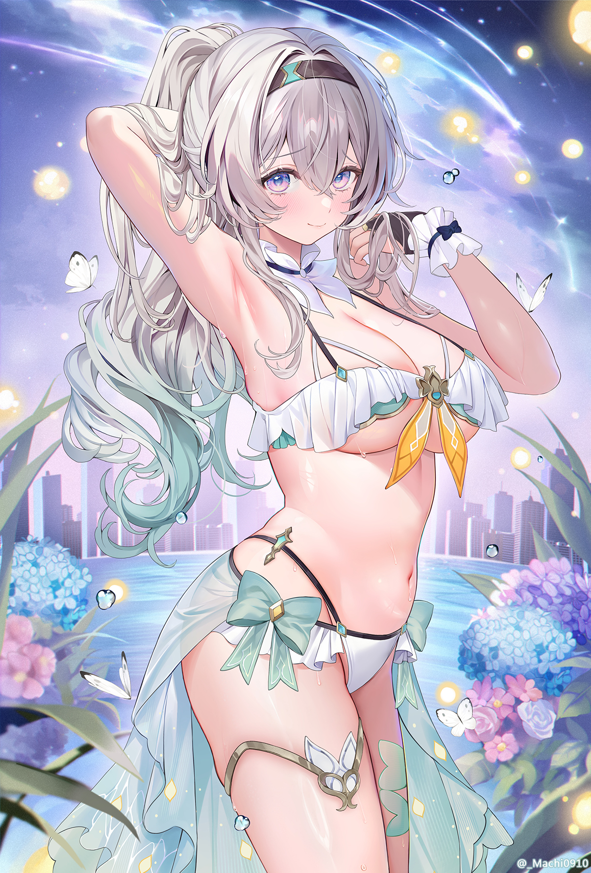 alternate costume, alternate hairstyle, arm behind head, arm up, armpits, bare shoulders, bikini, black bridal gauntlets, black hairband, blue eyes, breasts, bridal gauntlets, cleavage, closed mouth, collar, cowboy shot, detached collar, female, firefly (honkai: star rail), frilled collar, frilled wrist cuffs, frills, from side, gradient hair, green hair, grey hair, hair between eyes, hairband, hand up, highres, honkai (series), honkai: star rail, large breasts, light blush, long hair, looking at viewer, machi (machi0910), multicolored eyes, multicolored hair, navel, paid reward available, ponytail, presenting armpit, purple eyes, smile, solo, stomach, swimsuit, thighs, twitter username, two-tone eyes, underboob, white bikini, white collar, white wrist cuffs, wrist cuffs
