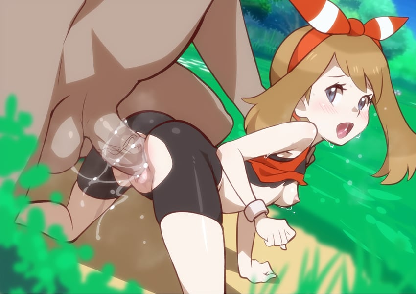 1boy, 1girls, age difference, all fours, balls, bare shoulders, bike shorts, black shorts, black sports bra, blue eyes, breasts, brown eyes, brown hair, clothes lift, dark skin, dark-skinned male, day, eyebrows, eyelashes, feet out of frame, female, from behind, functionally nude, jcm2, looking at another, looking back, male, may (pokemon oras), may (pokemon), nipples, open mouth, outdoors, penis, pokemon, pokemon oras, pussy, pussy juice, rape, red shirt, ripped clothes, ripped clothing, ripped pants, ripped shorts, scared, sex, sex from behind, shirt, shirt lift, short hair, shorts, size difference, sleeveless, sleeveless shirt, small breasts, solo focus, sports bra, sports bra lift, straight, teenage female, teenager, testicles, torn clothes, torn clothing, torn pants, torn shorts, vagina, vaginal penetration