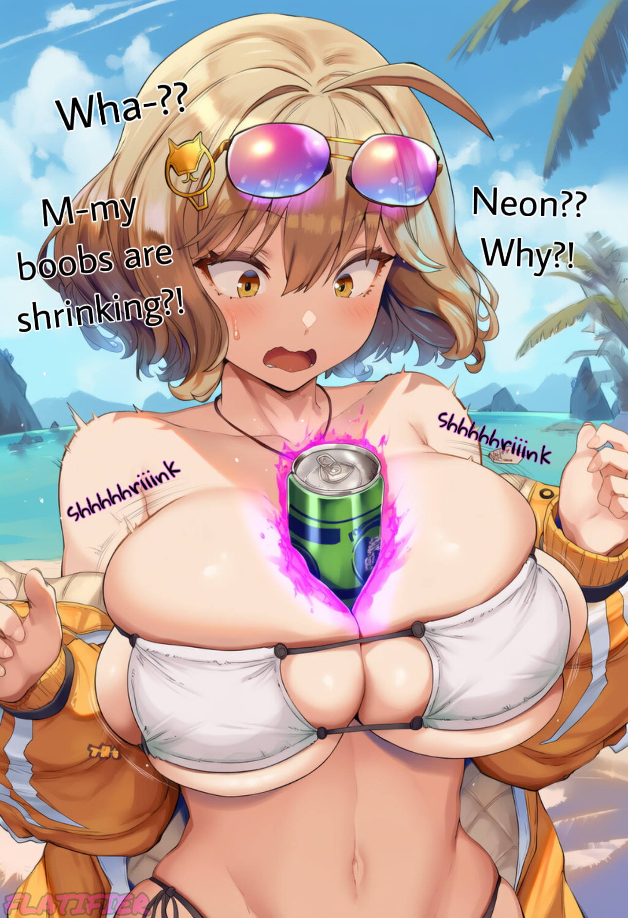 ai, ai generated, anis (nikke), anis (sparkling summer) (nikke), ass, ass expansion, ass inflation, bikini, bikini bottom, bikini top, breast reduction, breast shrinkage, breast shrinking, breasts, female, flat chest, flat chested, flatifier, gigantic ass, gigantic breasts, goddess of victory: nikke, huge breasts, massive ass, massive breasts, massive butt, medium breasts, small breasts