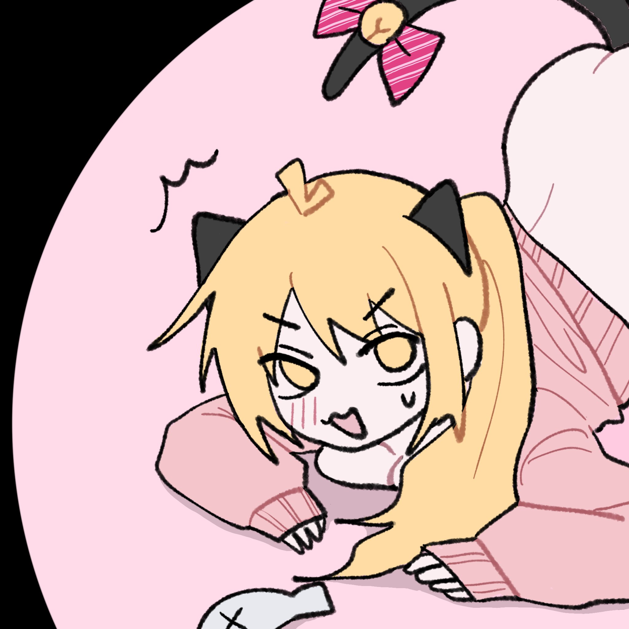 ///, 1girls, akita neru, big breasts, blonde hair, bottomless, cat ears, cat tail, ccitrus0, fanloid, female, female focus, female only, fish, light skin, looking at viewer, mv character, pixiv link, squished breasts, sweatdrop, top-down bottom-up, twitter link, vocaloid, yellow eyes, zaako (vocaloid)