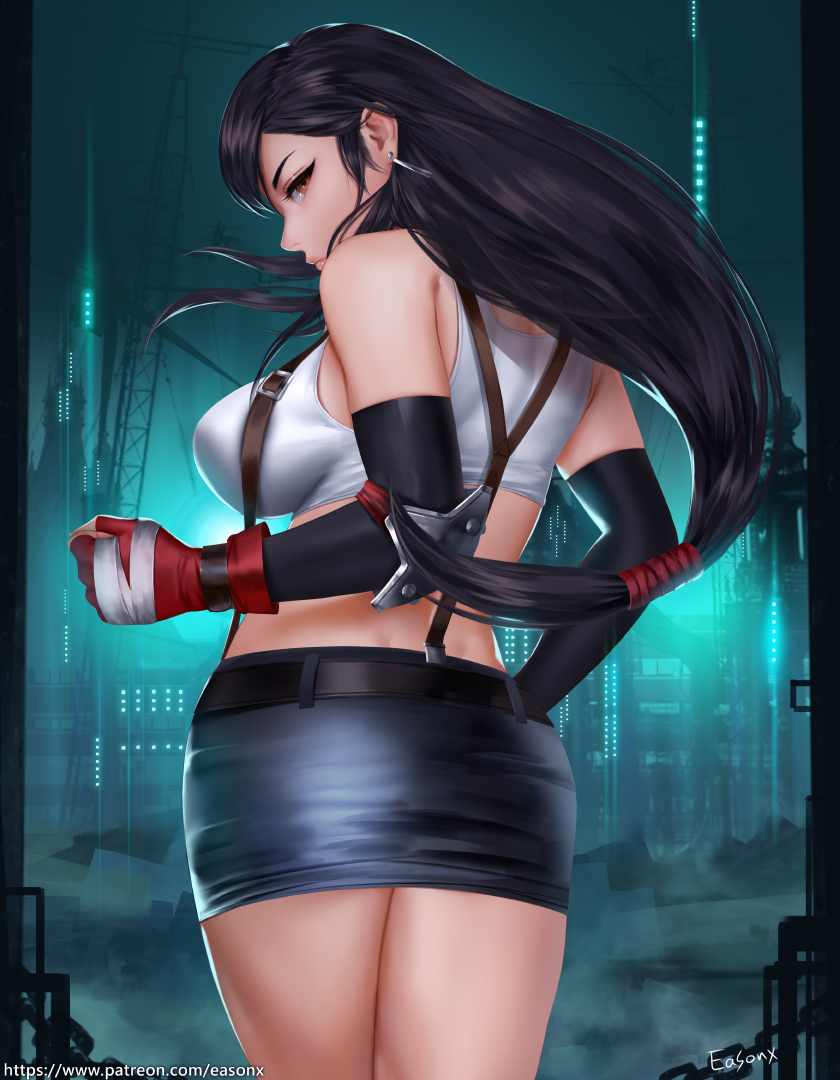 1girls, ass, breasts, cleavage, easonx, female, female only, final fantasy, final fantasy vii, looking at viewer, looking back, solo, tifa lockhart