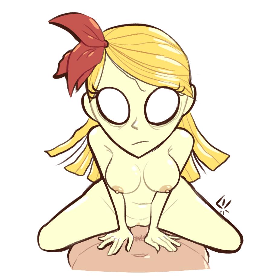 1boy, 1girls, 2d, blank eyes, blonde hair, breasts, completely nude, cowgirl position, don't starve, don't starve (series), don't starve together, faceless male, female, female focus, female penetrated, flower, flower in hair, klei entertainment, long hair, looking at viewer, male, male penetrating, male penetrating female, male/female, naked, naked female, nipples, no pupils, nude, nude female, nude male, penetration, penis, pussy, simple background, steecks, vagina, vaginal penetration, vaginal sex, wendy carter, white background, white eyes, yellow hair
