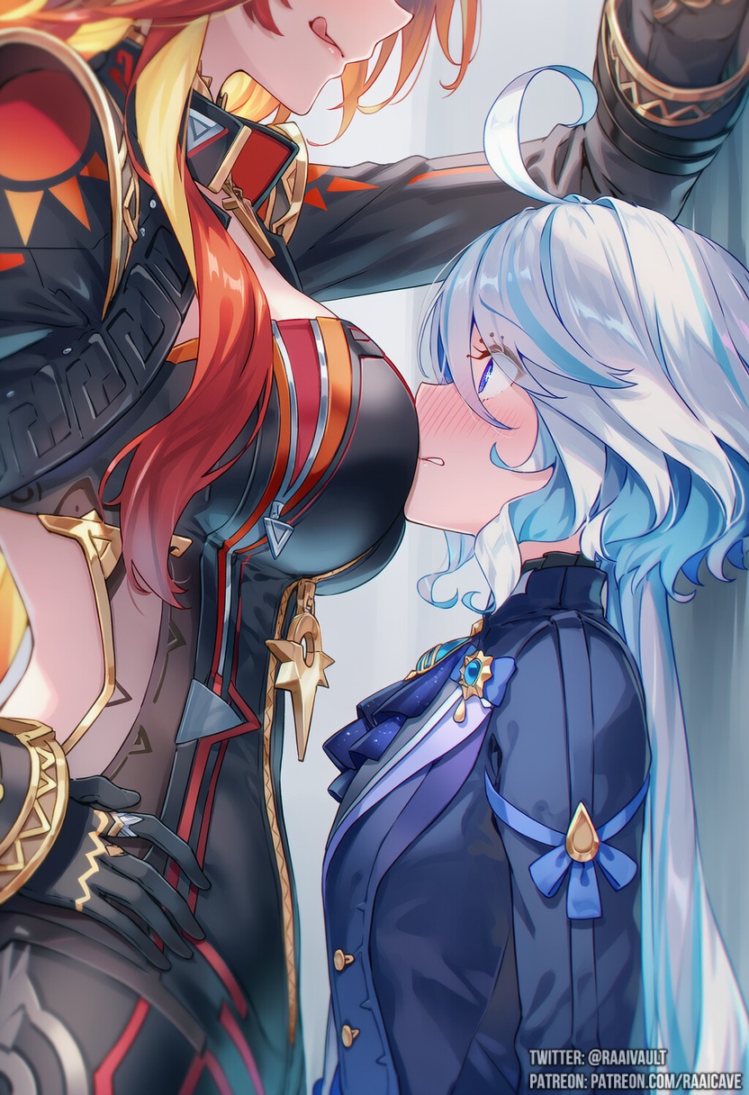 2girls, 8, against wall, ahoge, ai generated, big breasts, biker clothes, bikesuit, black bodysuit, black gloves, blonde hair, blue eyes, blue hair, blue jacket, blush, bodysuit, breast press, breasts, face to breasts, female, furina (genshin impact), genshin impact, gloves, hair between eyes, hand on own hip, head out of frame, height difference, jacket, kabedon, kodona, large breasts, licking lips, long hair, mavuika (genshin impact), multicolored hair, multiple females, multiple girls, orange hair, partially unzipped, patreon username, raaicave, red hair, streaked hair, tongue, tongue out, twitter username, two-tone hair, very long hair, white hair, yuri, zipper, zipper pull tab