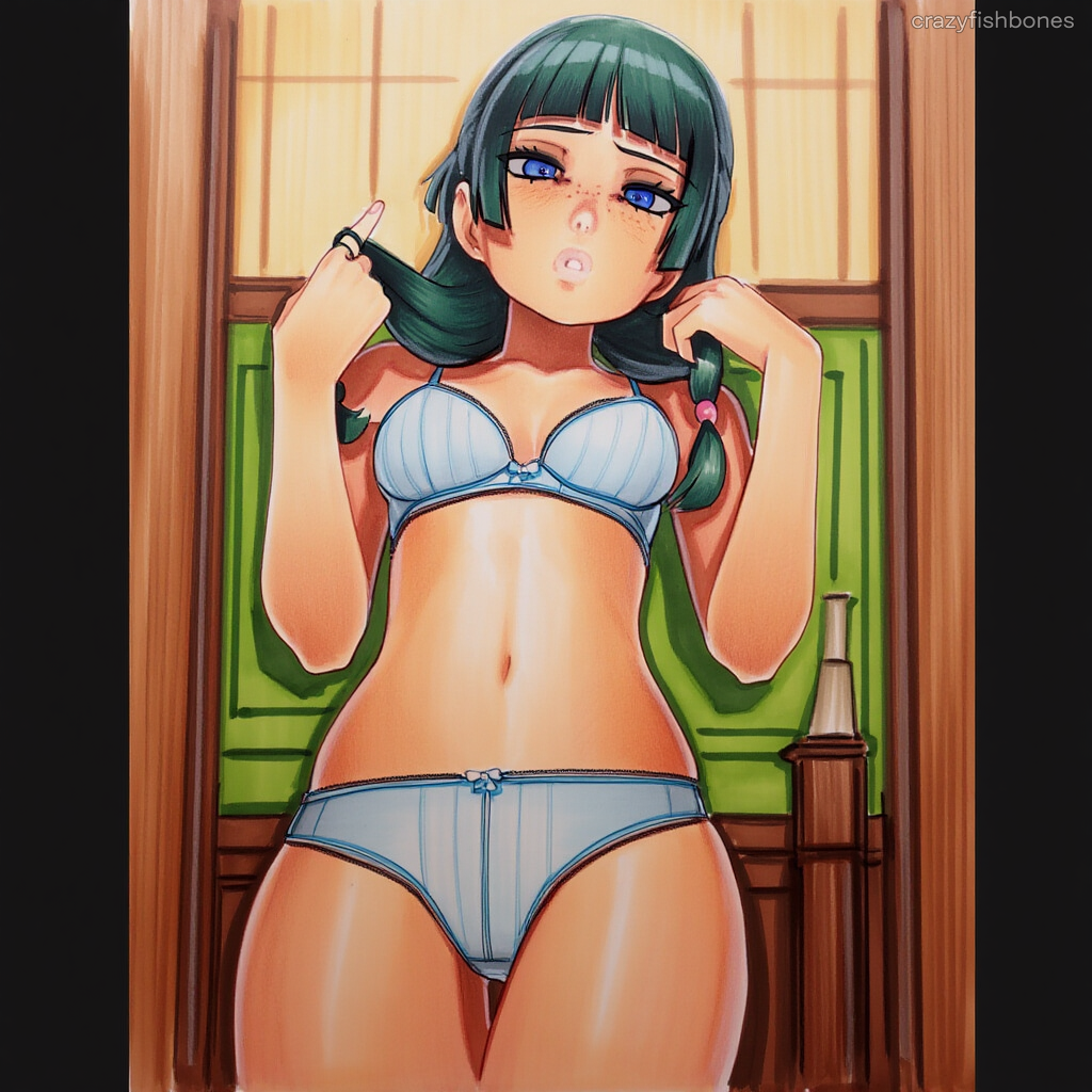 2025 ai_generated artist_name blue_eyes bra breasts crazyfishbones female long_hair maomao_(kusuriya_no_hitorigoto) navel panties solo underwear underwear_only